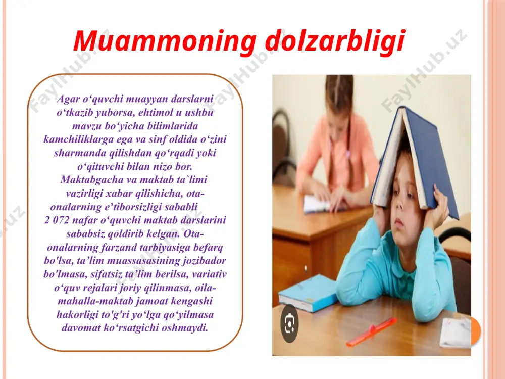 vazifa mas`uliyatsiz ota-onalarga “oʻzbekiston respublikasi maʼmuriy javobgarlik toʻgʻrisida”gi kodeksning 47-moddasini qo‘llash lozim. sababsiz dars qoldirgan oʻquvchilarning ota-onalari tuman (shahar) hokimliklari huzuridagi voyaga yetmaganlar ishlari boʻyicha idoralararo komissiyalar yigʻilishlariga jalb etilib, ular ishtirokida muhokama qilinishi lozim. ota-onalar nazorati va qarovsiz qolgan oʻquvchilar taʼlim olishlari uchun maxsus maktab-internatlariga joylashtirilishi kerak muammo yuzasidan xorijiy tajribalarni o‘rganilganligi buyuk britaniyada 1996-yilda qabul qilingan “ta’lim to‘g‘risidagi” qonunga binoan agar bolalar sababsiz maktabga kelmagan bo‘lsalar ota-onalar huquqbuzarlikda aybdor deb topiladilar va darsga muntazam qatnashmaslik holati bo‘yicha jarima jazosiga tortiladilar. kanadada farzandlari maktabga bormagan ota-onalarga nisbatan jarima jazosi qo‘llaniladi. bundan tashqari jazo tariqasida ota-onalar majburiy ota-onalarni tarbiyalash kurslari, oilaviy maslahat kurslariga jalb qilinishlari mumkin. singapurda singapurda ota-onalar o‘z farzandlarining maktabga borishi uchun e’tiborsizlik qiladigan bo‘lsalar ular farzandlari bilan birgalikda majburiy ta’lim kengashiga chaqirtiriladilar. qiyosiy tahlil etilganligi janubiy koreya: psixologik xizmatlar: janubiy koreyada ruhiy salomatlik xizmatlari odatda maktablarda muammolari bo‘lgan o‘quvchilarni qo‘llab-quvvatlash uchun keng qo‘llaniladi. monitoring tizimi: janubiy koreyadagi …