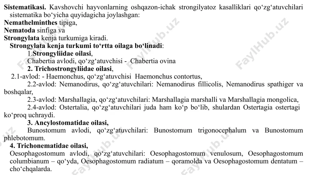 ayvonlarning surunkali oqimda kechuvchi invazion kasalligi bo‘lib, uni haemonchus avlodiga mansub qo‘zg‘atuvchini asosan qo‘y, echki va ba’zan boshqa turdagi kavshovchi hayvonlarni oshqazonida (shirdonida) va ba’zan ingichka ichaklarida parazitlik qilishi oqibatida qo‘zg‘atilib, kasallik holsizlanish, hazm organ faoliyatining izdan chiqishi, o‘sish-rivojlanishdan orqada qolish, kuchli oriqlanish, tananing turli qismlarida shishlarni paydo bo‘lishi, shilliq pardalarning sarg‘ayishi va mahsuldorlikni keskin kamayishi bilan xarakterlanadi. qo‘zg‘atuvchisi. haemonchus contortus – bu ipsimon, qizg‘ich tusdagi nematoda bo‘lib, ayrim jinsli. erkaklarining uzunligi – 18-23 mm, bosh tomoni biroz yassilangan bo‘lib, unda og‘iz teshigi joylashgan, og‘iz kapsulasi rudimentlashgan xolatda bo‘lib, uning ichida xitinli tishchalari mavjud, parazitning bir juft bo‘yin so‘rg‘ichchalari bor. erkaklarining dum tomonida xitinlashgan, kaft ko‘rinishidagi, uch bo‘lmali, ikki yon bo‘lmalari yaxshi rivojlangan, o‘rtanchisi kichkina va assimetrik bo‘lgan kutikulyar jinsiy bursasi bor, kloakasadan bir juft qo‘ng‘ir tusdagi, uzunligi 0,3-0,5 mm keladigan spikulasi chiqib turadi, rulegi yo‘q. urg‘ochilarining uzunligi 26-35 mm, vulva teshigi tananing oxirgi qismida ochiladi, u yaxshi rivojlangan tilsimon …