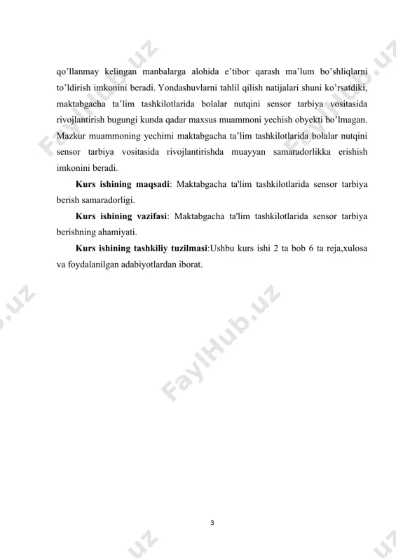 acha yoshdagi bolalar sensor tarbiyasini kechiktirmasdan olib borishni taqazo qiladi. maktabgacha yoshdagi bolalarni tarbiyalashda hamda ularda “tuyg’u, sezgi, idrok , sezish ” kabi qobilyatlarni shakllantirishda sensor tarbiya muhim o’rin tutadi. sensor tarbiya bu - sezgi va idrokni biror maqsad asosida rivojlantirishdir. sensor so’zi lotincha so’zdan olingan bo’lib, “sensus” – “tuyg’u”, “sezgi”, “idrok” ma’nolarini bildiradi. demak borliqni his qilish sezish va idrokdan boshlanadi. shuni ta’kidlash joizki maktabgacha yosh davri sensor jarayonlarni rivojlanish davri sanaladi. shuning uchun bu davrda sensor tarbiya muhim o’rin tutadi. sensor tarbiya bolalarda hissiy bilish qobilyatlarini shakllantirishga va sezgi –idrokni takomillashtirishga qaratilgan pedagogik jarayondir. sensor tarbiya bilan ish olib borishda ko’proq pedagoglar hamda ruxshunoslar tinimsiz murojaat qiladilar. sensor tarbiyani o’rganish hamda rivojlantirishga ko’pgina pedagoglar frebil, m.montesseri, o.dekroli va boshqalar tomonidan yaratilgan ishlari bolalarning qo’ldagi mayda muskullarini rivojlantirishga, rang va uning turlari, turli shakl hamda hajmni yuqori darajada farq qilishga erishishlarini o’z oldiga maqsad qilib qo’ydi. ayniqsa montessorining “sensor” …