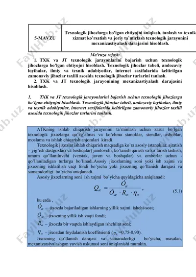 texnologik jihozlarga ehtiyojlar va mexanizastiyalash darajasi hisoblash — PDF