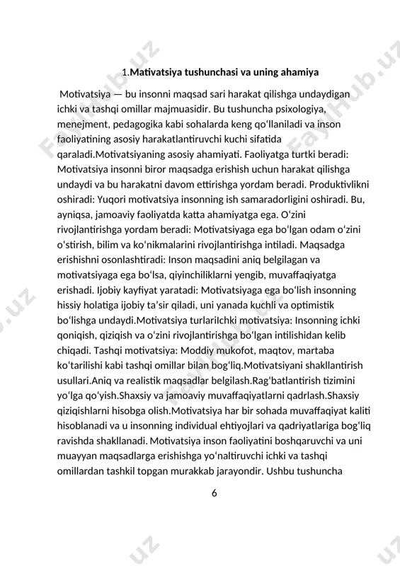 tushunchasi va uning ahamiya motivatsiya — bu insonni maqsad sari harakat qilishga undaydigan ichki va tashqi omillar majmuasidir. bu tushuncha psixologiya, menejment, pedagogika kabi sohalarda keng qo‘llaniladi va inson faoliyatining asosiy harakatlantiruvchi kuchi sifatida qaraladi.motivatsiyaning asosiy ahamiyati. faoliyatga turtki beradi: motivatsiya insonni biror maqsadga erishish uchun harakat qilishga undaydi va bu harakatni davom ettirishga yordam beradi. produktivlikni oshiradi: yuqori motivatsiya insonning ish samaradorligini oshiradi. bu, ayniqsa, jamoaviy faoliyatda katta ahamiyatga ega. o‘zini rivojlantirishga yordam beradi: motivatsiyaga ega bo‘lgan odam o‘zini o‘stirish, bilim va ko‘nikmalarini rivojlantirishga intiladi. maqsadga erishishni osonlashtiradi: inson maqsadini aniq belgilagan va motivatsiyaga ega bo‘lsa, qiyinchiliklarni yengib, muvaffaqiyatga erishadi. ijobiy kayfiyat yaratadi: motivatsiyaga ega bo‘lish insonning hissiy holatiga ijobiy ta’sir qiladi, uni yanada kuchli va optimistik bo‘lishga undaydi.motivatsiya turlariichki motivatsiya: insonning ichki qoniqish, qiziqish va o‘zini rivojlantirishga bo‘lgan intilishidan kelib chiqadi. tashqi motivatsiya: moddiy mukofot, maqtov, martaba ko‘tarilishi kabi tashqi omillar bilan bog‘liq.motivatsiyani shakllantirish usullari.aniq va realistik maqsadlar …