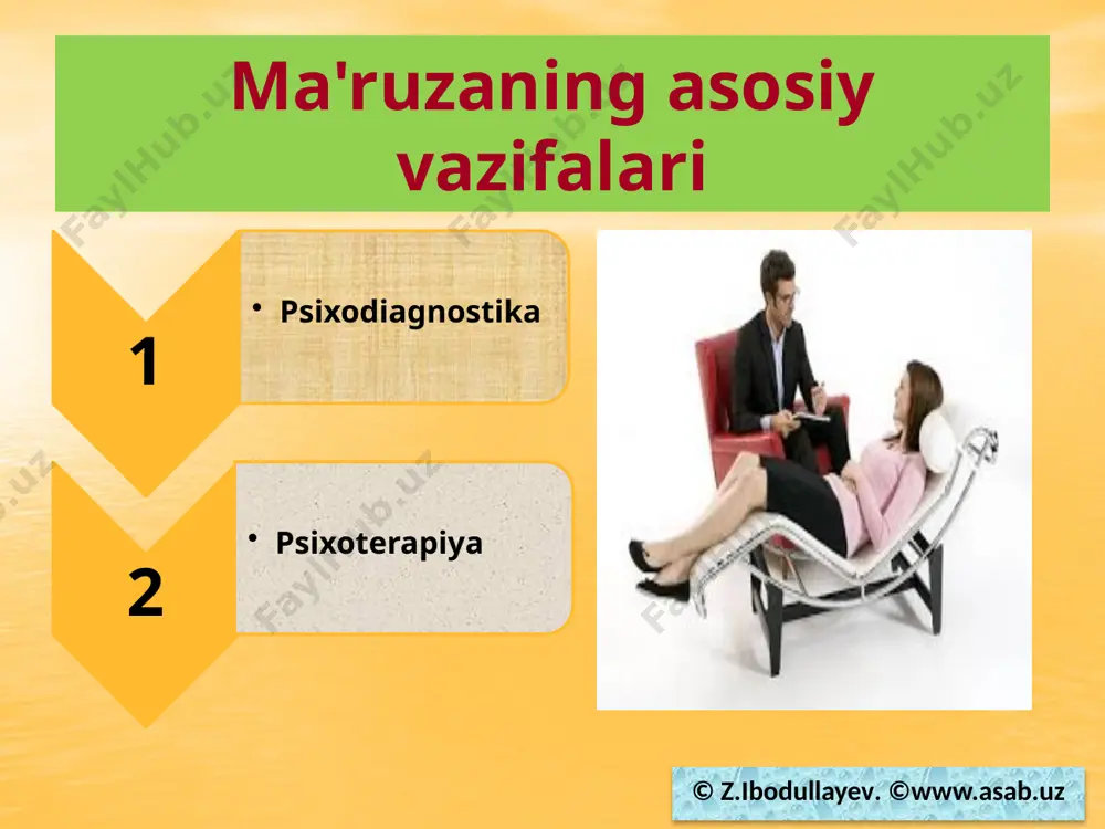 z.ibodullayev. ©www.asab.uz 1. suhbat qurish 3. psixologik testlar 2. kuzatish yordamchi psixodiagnostika usullarining asosiylari © z.ibodullayev. ©www.asab.uz bemor o‘zi to‘ldiradigan so‘rovnomalar psixolog bemor ma'lumotlariga asoslanib to‘ldiradigan testlar psixologik eksperimentlar psixoterapevtik suhbat o‘tkazish qoidasi © z.ibodullayev. ©www.asab.uz suhbat o‘rtacha 45 daqiqa davom etishi. birinchi kuni asosan bemor so‘zlaydi, psixolog tinglaydi. psixologik suhbatlar orasi 3-5 kun. bemorning yaqinlari bilan uchrashish. suhbatlar soni 8-10 marotaba bo‘lishi. butunlay davolashga 30-45 kun ketadi. esda tuting! psixologik suhbatlar soni 8-10 ta bo‘lishi shart emas. vaziyatga qarab ularning soni 3 yoki 5 ta bo‘lishi mumkin. © z.ibodullayev. ©www.asab.uz qachon psixologik suhbatlar soni 8-10 ta bo'lishi mumkin? xarakter korreksiyasi surunkali depressiyalar oilaviy majoralar ipoxondriya, isteriya yaqinlarini yo‘qotish ish bilan bog‘liq stresslar alkologizm, narkomaniya © z.ibodullayev. ©www.asab.uz bo‘lajak psixologga maslahatlar © z.ibodullayev. ©www.asab.uz 1. o‘zingizni o‘ta aqlli va dono qilib ko‘rsatmang. bemorga buning qizig‘i yo‘q. 2. bemorning hamma gapiga ham ishonavermang! ba'zilari psedolog bo‘lishadi. 3. bemor bajara olmaydigan maslahatlar …