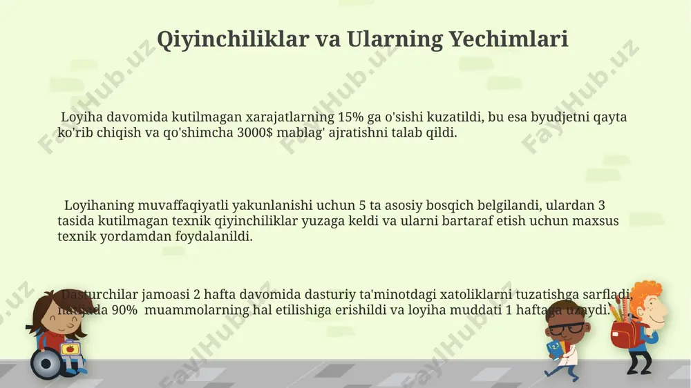 chiga oladi. kelajak rejalari natijasida yaratilgan 12 ta startap loyihasi investorlar tomonidan 200,000 aqsh dollaridan ortiq mablag' bilan moliyalashtirildi. loyiha maqsadlari loyiha davomida 500 dan ortiq foydalanuvchi bilan ishlash va ularning muammolarini hal qilish orqali samaradorlikni oshirish va yangi texnologiyalarni joriy etish rejalashtirilgan. loyiha natijasi sifatida kompaniyaning bozor ulushini 10% ga oshirish va raqobatbardoshligini kuchaytirish, shuningdek, yillik daromadni kamida 2 million so'mga ko'paytirish kutilmoqda. loyihaning asosiy maqsadi 3 ta asosiy yo'nalishni o'z ichiga oladi: foydalanuvchilar sonini 20% ga oshirish, mijozlarning qoniqish darajasini 85% ga yetkazish va operatsion xarajatlarni 15% ga kamaytirish. loyiha ta'rifi loyihaning muvaffaqiyat ko'rsatkichi sifatida 4.5 yulduzli reyting va 100,000 dan ortiq yuklab olinish soni belgilandi, bu esa loyihaning yuqori sifatli va foydalanuvchilarga yoqimli ekanligini ko'rsatadi. ushbu loyiha 3 oy davomida amalga oshirildi va 10 dan ortiq dasturchi, dizayner va test mutaxassislari jamoasi tomonidan ishlab chiqildi. loyiha byudjeti 20,000 aqsh dollarini tashkil etdi. loyiha, 500 dan ortiq foydalanuvchini …
