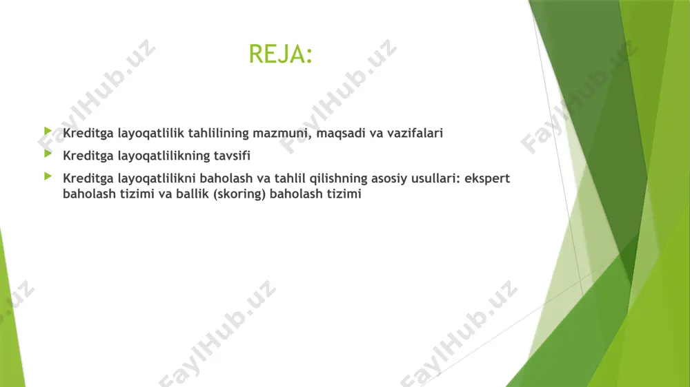 oriy, aylanma aktivlarni to‘ldirishga, savdo hajmini oshirishga va boshqa maqsadlarga bir yilgacha muddatga beriladi. korxonalarda uzoq va qisqa muddatli kreditlarni jalb etishda, aniq va puxta ishlangan biznes rejaga va investitsion loyihalarga e’tiborni qaratishi lozim. lekin ungacha albatta, ushbu korxonaning, moliyaviy ahvoli o‘rganilmog‘i lozim. kredit resurslarini jalb etishda risklarni baholash masalasiga ham alohida ahamiyat qaratish zarur. afsuski, bu borada amaliyotda tahliliy yechimlarning aniq metodologik jihatlari belgilanmagan. kredit arizasi bergan korxonaning moliyaviy tahlilida muhim obyekt sifatida birinchi navbatda uning to‘lov layoqati, qoplov koeffitsiyenti baholanadi. korxonalar tomonidan olingan kredit resurslar nafaqat korxonaning to‘lovga qobilligiga, balki uning mablag‘larini harakatchanlik (likvidlilik) darajasiga ham bog‘liq. shu sababli‚ tahlil etishda buxgalteriya balansi ma’lumotlari asosida korxonalarning harakatchan mablag‘lari holatiga, tez va sekin pulga aylanuvchi aktivlariga, nolikvid mablag‘lar holatiga, ularning to‘lov muddati kelgan, qisqa va uzoq muddatli majburiyatlar nisbatiga, doimiy passivlarni nolikvid va likvid mablag‘larni manbalashiga baho berish talab etiladi. so‘nggi paytlarda olingan kredit resurslarining o‘z vaqtida qaytmaslik hollariga …