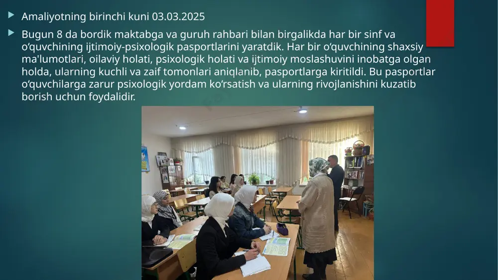 adlarini tasvirlashdi, bu orqali ularning kasbga bo‘lgan qiziqishi va kelajakdagi faoliyatini tasavvur qilishga yordam berdim. treningda o‘quvchilar turli interaktiv mashqlar va guruh ishlari orqali o‘zlarining kelajakdagi kasblarini rejalashtirishga harakat qilishdi. natijada, o‘quvchilarga o‘z kasbiy yo‘nalishlarini anglashda va kelajakdagi tanlovlarini o‘zgacha yondashuv bilan ko‘rib chiqishda yordam berildi. amaliyotning to’qqizinchi kuni 13.03.2025 bugun "kasb ustalari" mavzusida trening mashg‘ulotini o‘tkazdim. o‘quvchilarga turli kasb ustalarining ishlash uslublari, ularning kasbiy tajribalari va muvaffaqiyatga erishish yo‘llari haqida ma'lumot berdim. mashg‘ulot davomida o‘quvchilar kasb ustalarining kasbga bo‘lgan munosabati, qobiliyatlari va mehnatga bo‘lgan ehtiyojlarini tahlil qilishdi. treningda o‘quvchilar o‘zlari xohlagan kasb ustasi sifatida qanday ishlashni tasavvur qilib, o‘zlarining kelajakdagi kasblari haqida ma'lumotlar olishdi. bu mashg‘ulot o‘quvchilarga kasb tanlashda o‘z yo‘llarini belgilash, kasbga bo‘lgan qiziqishlarini rivojlantirish va kelajakdagi mehnat faoliyatlarini rejalashtirishda yordam berdi. amaliyotning o’ninchi kuni 14.03.2025 bugun 11-sinf o‘quvchilari va ularning ota-onalariga ta’limning keyingi bosqichlarida o‘qishni davom ettirish va tanlagan kasb bo‘yicha kasb-hunarga tayyorlash markazlarida kasb o‘rganish uchun …