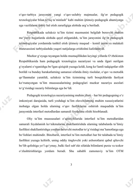 llikni yuzaga keltirib, uning oddiy tinglovchi yoki axborotlarni qabul qiluvchi bo‘lib qolishiga yo‘l qo‘ymay, balki faol sub’ekt sifatida bilimlarni puxta va tezkor o‘zlashtirishlariga yordam beradi. shu sababli zamonaviy ta’lim otm o‘qituvchilaridan interfaol ta’lim metodlaridan foydalanish, har bir mashg‘ulotni ijodiy yondashuv asosida tashkil eta olishni taqozo etmoqda. ta’limiy islohotlar jarayonida jahon andozalariga mos keladigan uzluksiz ta’lim tizimini yaratish, shuningdek ta’lim samaradorligini yanada yuqori bosqichlarga ko‘tarish masalalarining ijobiy hal etilishiga erishish ta’lim tizimining asosiy yo‘nalishlaridan biridir. respublikamizning bir qator olimlari va tajribali pedagoglar tomonidan olib borilgan tadqiqotlarda fizika darslarini samarali tashkil etish bir qator vazifalarni amalga oshirishni taqazo etadi. fizika ta’limida zamonaviy texnologiyalarni joriy etish orqali ta’lim sifatini oshirish va yuksak samaralarga erishishning optimal usullarini aniqlash, ta’lim jarayoniga tadbiq etish dolzarb masala hisoblanadi. kurs ishining maqsad va vazifalari: “ideal gaz issiqlaik sig’imi” modulini o‘qitishda interfaol talim texnologiyalaridan foydalanishda innovatsion yondashuv masalalarini o‘rganishdan iborat. kurs ish predmeti va obyekti: umumiy o‘rta ta’lim maktablarida …