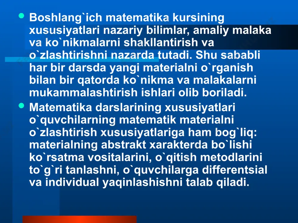 adi va umumlashtiriladi. takrorlash turlari: 1) o`quv yili boshida va kundalik takrorlash; 2) mavzu bo`yicha takrorlash; 3) umumlashtiruvchi takrorlash. 5. bilimlar malakalari va ko`nikmalarni tеkshirish va hisobga olish darslari tuzilish: 1. dars maqsadini aytish. 2. nazorat ishining mazmuni bilan tanishtirish. 3. ishni bajarishga oid qisqacha yo`l - yo`riq bеrish. 4. o`quvchilarning ishlarni mustaqil bajarishlari. 5. ishni yig`ib olish. 6. problеmali (muammoli) dars – muammoli dars. muammoli vaziyatni hosil qilib dars o`tishni nazarda tutadi. tuzilishi: 1. muammoli vaziyat hosil qilish. 2. qo`yilgan muammoni hal qilish. 3. yangi bilimlarni tadbiq qilishga doir maxsus mashqlar bajarish. 4. bajarilgan ishlarga yakun yasash. ammo, bu rеja o`zgarishi mumkin. muammoning xaraktеriga qarab, to`la e`tiboringiz uchun rahmat image1.jpeg image2.jpeg image3.jpeg image4.png image5.jpeg image6.jpeg image7.jpeg image8.jpeg image9.jpeg image10.png