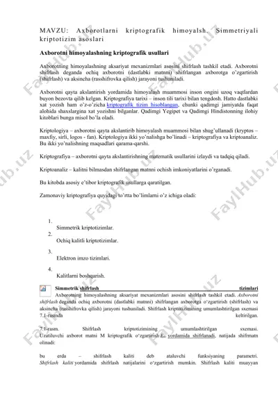 axborotlarni kriptografik himoyalash: simmetriyali kriptotizim asoslari — DOC