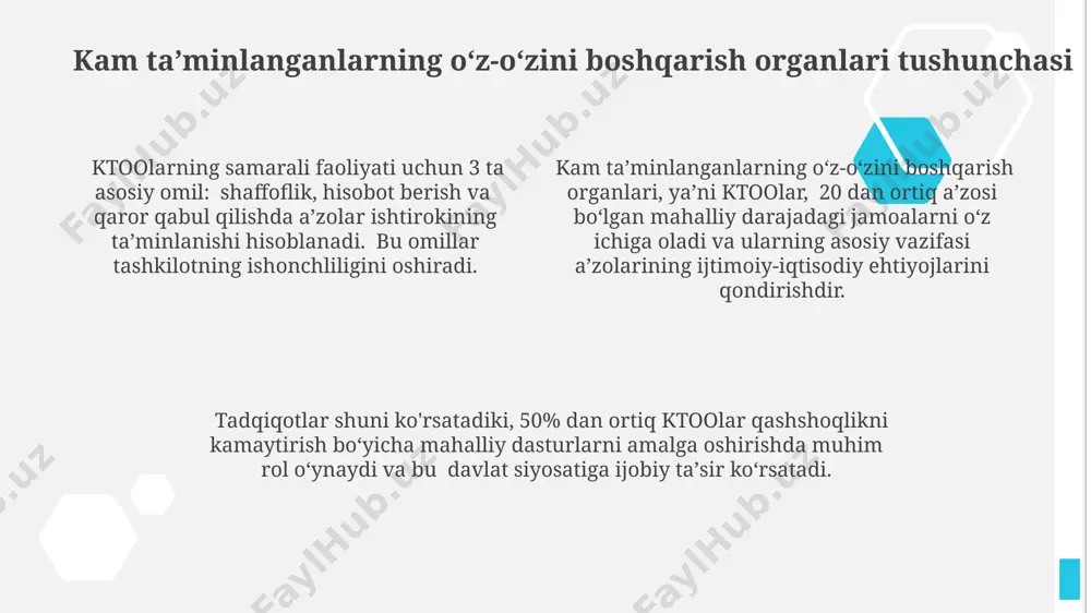 a soluvchi 200 dan ziyod normativ-huquqiy hujjatlar mavjud boʻlib, ularning bir qismi kam taʼminlanganlarga bevosita yordam koʻrsatishga qaratilgan. davlat byudjetidan kam taʼminlangan aholi qatlamlariga ajratiladigan mablagʻlar miqdori, ularning sarflanishi va nazorati “davlat byudjeti toʻgʻrisida”gi qonun va boshqa 30 dan ortiq meʼyoriy hujjatlar bilan belgilanadi. oʻzbekistonda kam taʼminlangan oilalarga ijtimoiy yordam koʻrsatish boʻyicha 10 dan ortiq qonun va farmonlar mavjud boʻlib, ularning asosiysi “ijtimoiy himoya” tizimini belgilaydi. samaradorlikni oshirish yoʻllari loyihalarni amalga oshirishda zamonaviy texnologiyalar, masalan, axborot tizimlari va dasturiy taʼminotlarni qoʻllash orqali 20% gacha vaqt va resurslarni tejash mumkin. samaradorlikni oshirish uchun 5 dan ortiq boʻlmagan aniq maqsadlarni belgilab, ularga erishish uchun bosqichma-bosqich reja tuzish va har bir bosqichning natijalarini muntazam baholash muhim. jamoa aʼzolarining malakasini oshirishga 15% dan kam boʻlmagan byudjet ajratish va treninglar, seminarlar orqali ularning professional koʻnikmalarini rivojlantirish samaradorlikni sezilarli darajada oshiradi. tavsiyalar va xulosalar kam taʼminlangan aholi qatlamini qoʻllab-quvvatlash uchun 2-3 yillik davlat dasturlarini ishlab chiqish …
