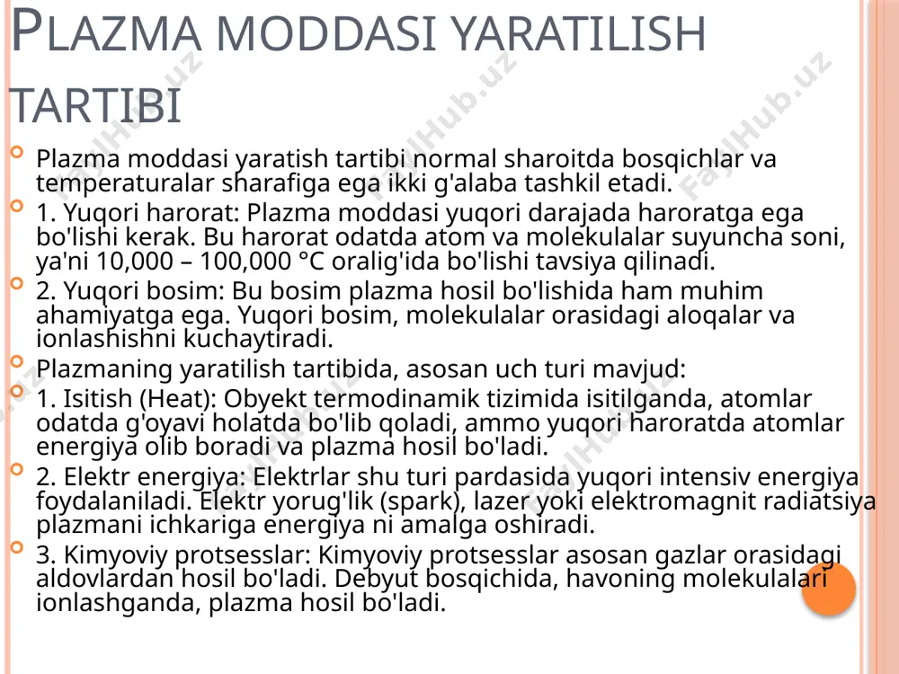 pe}\)- plazma elektron chastotasi, \(n{e}\) - elektronlar soni, e - elementar yuk, \(me\) - elektron massasi. 3. debye uzunligi= plazma atmosferasidagi elektr elektr jihazining birgalik kuchini ta'rifi uchun qo'llaniladi. formulasi quyidagicha \[ \lambdad = \sqrt{\frac{\varepsilon0 k t}{n{e} e^2}} \] bu yerda \(\lambdad\) debye uzunligi, \(\varepsilon0\) - absolut dielektrik konstanta, \(k\) - boltzmann konstantasi. bu formulalarni foydalanish bilan, plazma atmosferasidagi moddalar haqida qanchalik ma'lumot olishimiz mumkin. mana shu formulalar, plazmalarafidagi elektronlar, ionlar va harakatlanadigan moddalar sonini, harorat va kuchni hisoblashda qo'llaniladi. plazma moddasi haqida batafsil tushuntirish uchun formulalar mavjud emas, chunki plazma o'z xususiyatlari tufayli klasik gaz, jariy va jonlanadigan moddalar formula va qonunlariga mos kelmaydi. plazma, gaz va jariy moddalar orasidagi barcha aloqalar bilan ajralib turadi, shuning uchun uning xossalari uchun oddiy formulalar ta'riflanmaydi. plazma xususiyatlarining ko'p qismi yuqori harorat va energiya darajasiga asoslanganligi sababli, formulalar olish juda muammo etkazadi. plazmaning yuqori temperaturali va energiyasi xususiyatlari sababli, fizikada va astrofizikada …