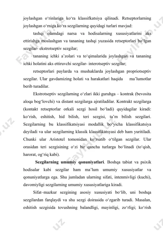 n keluvchi obrazlar ijobiy yoki aksi (negativ) bo‘lishi mumkin. 4. adaptatsiya. analizatorlarning sezgirligi bir qator fiziologik, psixologik va muhitning ta’siri ostida o‘zgaradi. bu o‘zgarishlar orasida adaptatsiya hodisasi alohida o‘ringa ega. adaptatsiya yoki moslashuv deganda kuzatuvchining ta’siri ostida sezgi organlari sezgirligining o‘zgarishi tushuniladi. adaptatsiyaning uch turi farqlanadi: kuzatuvchining davomli ta’siri natijasida sezgilarning to‘la yuqolishi. agar sezgi organiga biror qo‘zg‘atuvchi doimo ta’sir qilib tursa sezgi batamom yo‘qolib ketish tendentsiyasiga ega. masalan, teriga tegib turgan yengil yuk tez orada sezilmay qoladi (qo‘l soati borligini biz sezmaymiz). bir hid bor joyda uzoq vaqt bo‘lsak bu hid sezilmay qoladi. kuchli qo‘zg‘atuvchi ta’siri ostida sezgi organlarining zaiflashishi, kamayishi (negativ adaptatsiya). agar qo‘limizni muzday suvda tutib tursak teridagi sovuqni sezish retseptorlarining sezgirligi kamayadi. ko‘zga kuchli yorug‘lik ta’sir qilib tursa ko‘zning sezgirligi kamayib, ko‘z shu yorug‘likka moslashadi. bu hodisa yorug‘lik adaptatsiyasi deyiladi. kuchsiz qo‘zg‘atuvchi ta’siri ostida sezgi organlarining sezgirligi oshishi. bu pozitiv adaptatsiya deb ataladi. masalan, kinozalga kechikib …