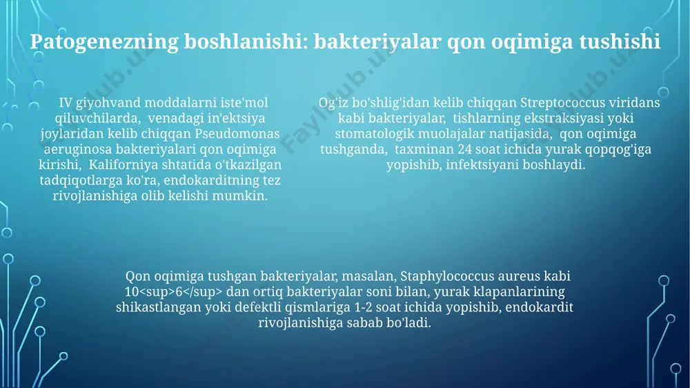 afaziya yoki boshqa nevrologik nuqsonlarga olib kelishi mumkin, ayniqsa samarqand viloyati kabi qishloq joylarda tibbiy yordamning cheklanganligi tufayli. oldini olish юрак инфекцион эндокардити 60 ёшдан ошган беморларда кўпроқ учрайди ва ўлим даражаси 20-30% га етади, бу эса тошкент шаҳридаги юрак касалликлари бўйича йиллик статистикада акс этади. инфекцион эндокардитнинг 80% дан ортиқ ҳолатлари staphylococcus aureus бактериялари томонидан келтириб чиқарилади, бу эса жанубий кореянинг касалликка чалиниш кўрсаткичларида тасдиқланган. профилактика мақсадида юрак клапанларининг операцияларидан олдин 24 соат ичида антибиотик препаратларни қўллаш, айниқса, америка қўшма штатлари клиникаларида кенг тарқалган амалиёт ҳисобланади. klinik ko'rinishlar: isitma va titroq subakut yuqumli endokarditda isitma va titroqlar kamroq intensiv bo'lishi mumkin, lekin davomiyligi bir necha hafta yoki hatto oylar davom etadigan streptococcus viridans infektsiyasi bilan og'rigan samarqand viloyati aholisida kuzatilgan. o'tkir boshlanishli yuqumli endokarditda isitma va titroqlar tez-tez uchraydi, masalan, staphylococcus aureus infeksiyasi bilan kasallangan 70 yoshdan oshgan toshkentlik bemorlarda bir necha marta kuzatilgan. o'tkir boshlanishli yuqumli endokarditda isitma …