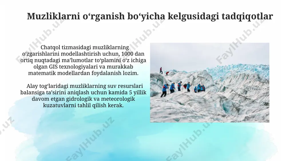 i muzliklarning uzunligi 5-10 km gacha yetishi va chuqurligi 100 metrdan oshib ketishi mumkin. toshli muzliklar, masalan, hisor tizmasidagi ba’zi muzliklarda, tosh massalarining yuqori konsentratsiyasi tufayli, muzning erish tezligi ancha sekinroq, taxminan 1 metr yiliga. muzliklarning suv resurslari taʼminotidagi ahamiyati oʻzbekistonning togʻli hududlarida, xususan, pamir-oloy va tian-shan tizmalarida joylashgan muzliklar yiliga 30-40 km³ suv resurslarini taʼminlaydi, bu mamlakatning suv taʼminotida muhim ahamiyat kasb etadi. taxminan 10 000 dan ortiq kichik va yirik muzliklar, jumladan, fargʻona vodiysidagi muzliklar, qishloq xoʻjaligi va sanoat uchun zarur boʻlgan suv resurslarining muhim manbai hisoblanadi. suv resurslarini boshqarishda muzliklarni oʻrganishning ahamiyati muzliklarning erish tezligi va hajmi haqidagi maʼlumotlar, masalan, chatqol va qurama togʻlaridagi kuzatuvlar asosida, suv taʼminotini prognoz qilish va suv xoʻjaligini optimallashtirishda muhim rol oʻynaydi. bu, 5-10 yillik prognozlar uchun asos boʻladi. muzliklarning oʻrganilishi, xususan, alay togʻlaridagi muzliklardan olingan maʼlumotlar, suv resurslarini boshqarishda zamonaviy texnologiyalarni, jumladan, sunʼiy yoʻldoshdan kuzatishni qoʻllash samaradorligini oshirish imkonini beradi. muzliklarning …