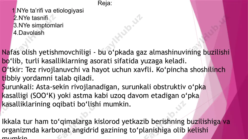 i o'pka to'qimalarining kengayish va tushish qobiliyatining cheklanishi bilan tavsiflanadi va ekssudativ plevrit, pnevmotoraks, pnevmoskleroz, plevra bo'shlig'idagi yopishqoqlik, qovurg'alar ekskursiyasining cheklangan harakatchanligi, kifoskolioz va boshqalarda uchraydi. gemodinamik buzilishlar. gemodinamik nafas yetishmovchiligi rivojlanishining sababi sirkulyatsion kasalliklar (tromboemboliya) bo'lishi mumkin, bu o'pkaning bloklangan qismini ventilyatsiya qila olmasligiga olib keladi. gemodinamik tipdagi nafas olish yetishmovchiligining rivojlanishi, shuningdek, yurak nuqsoni bilan ochiq oval oyna orqali qonning o'ng-chap shunti hisobiga olib keladi. bunday holda, venoz va kislorodli arterial qon aralashtiriladi. patogenezi (paydo bo'lish mexanizmi) bo'yicha: parenximal (gipoksemik, nafas olish yoki o'pka yetishmovchiligining i turi). parenximal tipdagi nafas yetishmovchiligi arterial qonda kislorod miqdori va qisman bosimining pasayishi (gipoksemiya) bilan tavsiflanadi, kislorod terapiyasi bilan tuzatish qiyin. ushbu turdagi nafas yetishmovchiligining eng keng tarqalgan sabablari pnevmoniya, nafas olish qiyinlishuvisindromi (shok o'pka), kardiogen o'pka shishi. ventilyatsion ("nasos", giperkapnik yoki ii turdagi nafas olish etishmovchiligi). ventilyatsion turi bo'yicha nafas olish yetishmovchiligining yetakchi namoyon bo'lishi arterial qonda karbonat angidrid miqdori va …