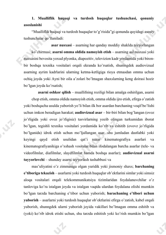 lar ob’ektlarini simlar yoki simsiz aloqa vositalari orqali telekommunikatsiya tizimlaridan foydalanuvchilar o’z tanloviga ko’ra istalgan joyda va istalgan vaqtda ulardan foydalana olishi mumkin bo’lgan tarzda barchaning e’tibor uchun yuborish; barachaning e’tibori uchun yuborish – asarlarni yoki turdosh huquqlar ob’ektlarini efirga o’zatish, kabel orqali yuborish, shunngdek ularni yuborish joyida vakillari bo’lmagan omma eshitib va (yoki) ko’rib idrok etishi uchun, shu tarzda eshitish yoki ko’rish mumkin bo’lgan asarlar yoki turdosh huquqlar ob’ektlari amalda idrok etilishi-etilmasligidan qat’i nazar, har qanday boshqacha usullarda etkazish (nusxalarni tarqatish bundan mustasno); yozuv – ovozlar va (yoki) tasvirlarni qayta-qayta idrok etish, takrorlash yoki yuborish imkonini beradigan biron-bir moddiy shaklda texnika vositalari yordamida qayd etish; ijro – asarni (shu jumladan xalq ijodiyoti asarini), fonogrammani,, ijroni, sahna asarini o’yin, ifodali o’qish, kuylash, raqsga tushish orqali jonli ijro yoki texnika vositalari yordamida taqdim etish; ijrochi – aktyor, xonanda, sozanda, raqqos yoki rol o’ynaydigan, kuylaydigan, o’qiydigan, ifodali o’qiydigan, raqsga tushadigan, talqin etadigan, …