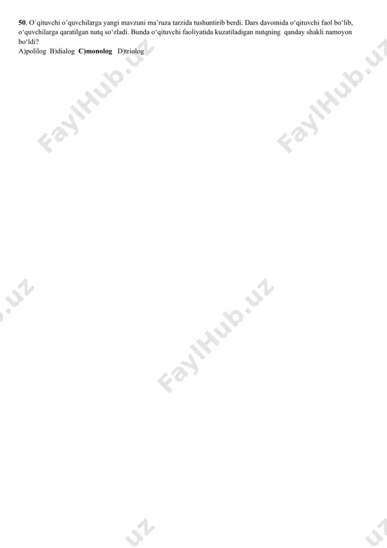 quvvatlash, sinf jamoasining rasmiy va norasmiy liderlari bilan adolatli mulo c)o‘qituvchining o`z faoliyatiga xolisona baho berish va kamchiliklarni inobatga olish d)o‘quvchilarga tashkilotchi vaa ijrochi rollarida bo‘lishga imkoniyat yaratish 42. … o’quvchilar o’zlarini juda yomon tutmoqdalar: baland ovozda gaplashmoqdalar, urishmoqdalar, bir birlariga turli qog`oz qushchalarni otmoqdalar va hkazo. o’qituvchiga nisbatan beodoblik(ehtiyotkorona, to’g’ridan to’g’ri emas) qilmoqdalar. bunday vaziyatda o’qituvchi nima qilishi kerak? 1.o’quvchilar diqqatini qiziqarli ma’lumotlar bilan jalb etish kerak 2.darsni shu holatda davom ettirish kerak 3.ko’proq qiziqarli o’yinlar o’tkazish orqali o’quvchilarning diqqatini darsga qaratish zarur 4.o’quvchilarga tartib intizom va o’quvchining majburiyatlari haqida talab qo’yishi mumkin a)3,4 b)1,2,3 c)1,3 d)1,3,4 43. … bilan uyga qaytishi, sinfdoshlari uning ustidan kulishlarini aytib, o’qituvchilar xonasida janjal ko’tardi. o’quvchining sinf rahbari yosh bo’lisnhiga qaramay, bu ona bilan xushmuomala bo’ldi va uni tinchlantira oldi. bu o’qituvchi ayni vaziyatda qo’llagan og’zaki ta’sir qilishning xushmuomalalik mezonlari to’gri ko’rsatilgan qatorlarni aniqlang: 1.shirinsuxanlik va insoniylik tuyg’ularini namoyish etish 2.suhbatning barcha bosqichlarida …