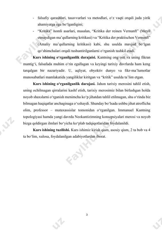 aql tanqidi” (1788), “mulohaza yuritish qobiliyatining tanqidi” (1790)asarlarida, shuningdek faylasuf ijodining o‘ziga xos sarhisobi sanaluvchi – “sof aql chegaralarida din” (1793) kabi kitoblarida bayon etilgan. kant bilish nazariyasining asosiy qoidalari quyidagilardan iborat. kant fikricha bilish jarayoni uch bosqich: 1) sezgilar darajasida bilish, 2) idrok, 3) aqldan o‘tadi.[footnoteref:1] [1: https://cyberleninka.ru/article/n/transtsendentalnoe-immanentnoe-i-transtsendentnoe-v-filosofii-immanuila-kanta/viewer.2021-yil,12-bet.] bilishning birinchi bosqichi - sezgilar darajasida inson narsaning mavjudligini biladi, idrok yordamida uni fikrlaydi. narsani haqiqiy bilish aynan shu ikki bosqichni sintez qilishni talab etadi. idrok darajasidagi bilishning quroli – kategoriyalar. ular idrokka ichdan xos. hodisalar rang-barangligi kategoriyalar tizimida aks etadi. kategoriyalar yordamida inson bilimi tasodifiy empirik emas, balki umumiy zarur, ya’ni ilmiy xususiyat kasb etadi. ilmiy bilim kategorial bilimdir. biroq shundan so‘ng kant sub’ektiv idealist sifatida mulohaza yuritadi: idrok tabiat qonunlarini ochmaydi, balki ularni tabiat uchun belgilaydi. kant fikriga ko‘ra, kategoriyalar birligi va ularning bilish (sintez qilish) qobiliyati zamirida dunyoning ob’ektiv moddiy birligi emas, balki o‘zlikni anglashning transsendental birligi yotadi. …