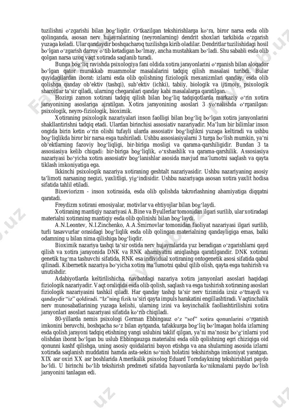 jarayonlar: esda olib qolish, esda saqlash, esga tushirish va unutish bir-biridan farq qilinadi. bu jarayonlar faoliyatda tarkib topadi va belgilanadi. ma’lum materialni esda olib qolish hayot faoliyati davomida individual, ya’ni shaxsiy tajribani to‘plash bilan bog‘liqdir. to‘plangan tajribadan keyingi faoliyatda foydalanish qayta esga tushirishni talab qiladi. ma’lum materialning faoliyatda qatnashmay qolishi yoddan chiqarishga olib keladi. esda olib qolish nerv tizimining egiluvchan, ya’ni o‘zgaruvchanlik, qo‘zqatuvchilar ta’sirida o‘zida go‘yo bir iz qoldirish, saqlash imkoniyati tufayli yuzaga keladi. har qanday insonning miyasi egiluvchanlik xususiyatiga ega bo‘lib, uning darajasi har xil bo‘ladi. shaxs xotirasining sifati miyaning faolligi va turli faoliyatga to‘g‘ridan-to‘g‘ri bog‘liq ravishda rivojlanadi. atrofni o‘rab olgan borliqni faol biluvchi kishi o‘z miyasi faoliyatini to‘xtovsiz kuchaytiradi. shu bilan birga uning egiluvchanlik darajasini oshiradi. miya egiluvchanligi vaqtincha pasayishi, xotira samarasining susayishi, ba’zi paytda odamning toliqishiga sabab bo‘ladi. dam olgandan keyin yana tiklanadi. odatda miya egiluvchanligi yosh o‘tishi bilan susayadi. masalan, keksa kishilar gaplaridan adashib ketadi, ilgari …