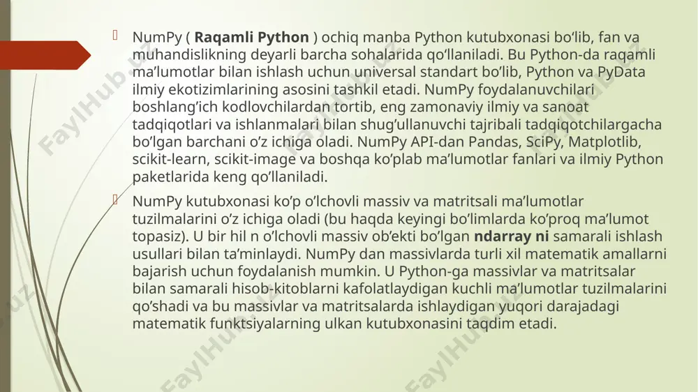 in. bu, arifmetik, algoritmik, statistika, matematika va boshqa ma’lumotlar ustida ishlashda yordam beradi. vectorizatsiya: numpy, massivlar ustida amallarni bajarishda "vectorized" usulni taqdim etadi. bu, looplarni yozishga mos keladigan optimallashtirilgan algoritmlar orqali, tezroq va samarali hisoblashni ta’minlaydi. hamil ko’rsatkichlar va koordinatlar ustida amallar: numpy moduli, hamil ko’rsatkichlari va koordinatlar ustida amallarni bajarish uchun mo’ljallangan. bu, fizika, mexanika, grafiklar, signal ishlash va boshqa sohalarda ishlashda foydalaniladi. matritsalar va lineyka aljabar: numpy, matritsalar va lineyka aljabar ustida amallar bajarish uchun moslashtirilgan funksiyalarni taqdim etadi. bu, matematika va mexanika sohalari bilan shug’ullanuvchi mutaxassislar uchun juda muhimdir. boshqa ilovalar bilan integratsiya: numpy, matlab, r va boshqa ilovalar bilan ma’lumot almashishni ta’minlaydi. bu, ma’lumotlar olish, tahlil qilish va natijalarni ko’rsatishda moslashtirilgan formatlarni ta’minlashda yordam beradi.numpy moduli, ilmiy tadqiqotlar, texnik va ilmiy loyihalar, matematika, statistika va boshqa sohalarda ma’lumotlarni ishlab chiqish, analiz qilish va ma’lumotlarni model bilan ishlash uchun juda qulay va samarali bo’lib xizmat qiladi numpy …