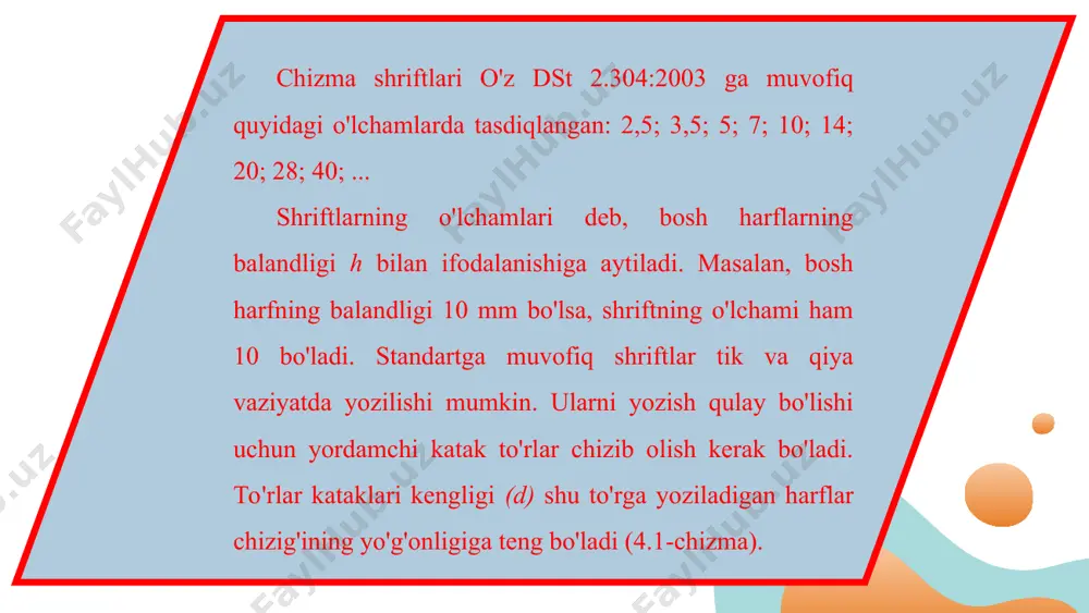 i tashkil qiladi. eng avval 3 ta katak balandligida shriftlarni yozib mashq qilish tavsiya etiladi. bunda shriftlar eni 2 ta katak kengligida olinadi. keyinchalik 2 ta katak balandligidagi 10 o'lchamli shriftni, so'ngra bitta katakda 5 o'lchamli shriftni yozib mashq qilinadi. bosh harflar o'lchami bilan yozma harflar o'lchami bir-biridan qanday farq qiladi? shriftlarda o'zaro qanday o'xshashliklar mavjud? qanday hollarda shriftlarni yordamchi kataklardan foydalanmasdan yozish mumkin?