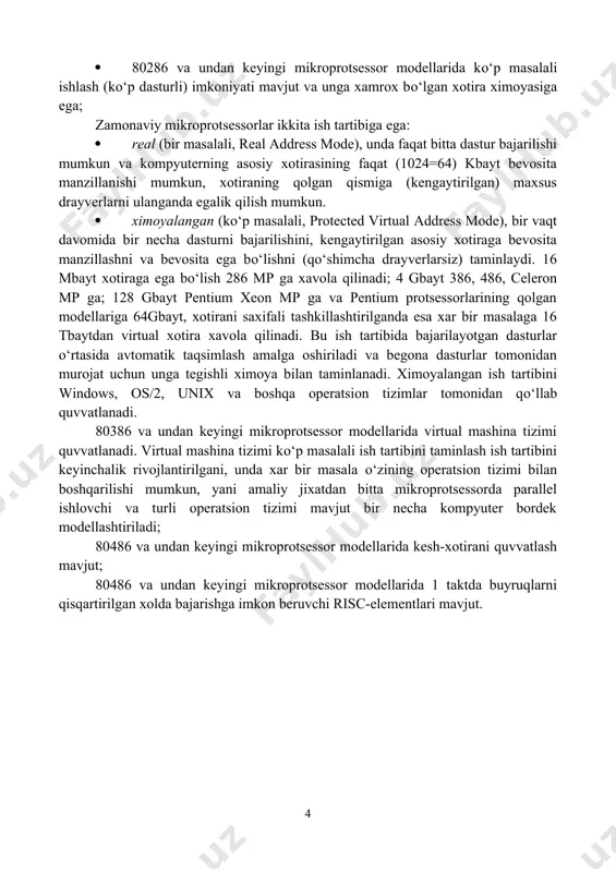 htirilgan soprotsessorga ega, ular ichki chastotani kо‘paytirish ish tartibida ishlashlari mumkun. kо‘paytirilgan chastota bilan faqat mp ning ichki sxemalari ishlaydi, mp ga nisbattan barcha tashqi sxemalar shu jumladan tizimli plataga joylashgan sxemalar xam odatiy chastota bilan ishlaydilar; · 80286 va undan keyingi mikroprotsessor modellarida buyruqlarga konveyerli ishlov beriladi. 286 mp larda umumiy о‘lchami 6 baytli buyruqlar navbati uchun registrlar inobatga olingan, 486 mp da 16 bayt va xokazo. buyruqlarga konveyerli ishlov berish– bu buyruqlar ketma-ketligini turli taktlarini mp ning turli qismlarida bir vaqtda bajarilishi va natijalarni mp ning bir qismidan boshqasiga bevosita uzatishdir. buyruqlarni konveyerli bajarilishi shk ning samarali tezlikni 2 – 5 marttagachan oshiradi. · 80286 va undan keyingi mikroprotsessor modellarida xisoblash tarmog‘ida ishlash imkoniyati mavjut; · 80286 va undan keyingi mikroprotsessor modellarida kо‘p masalali ishlash (kо‘p dasturli) imkoniyati mavjut va unga xamrox bо‘lgan xotira ximoyasiga ega; zamonaviy mikroprotsessorlar ikkita ish tartibiga ega: · real (bir masalali, real address …