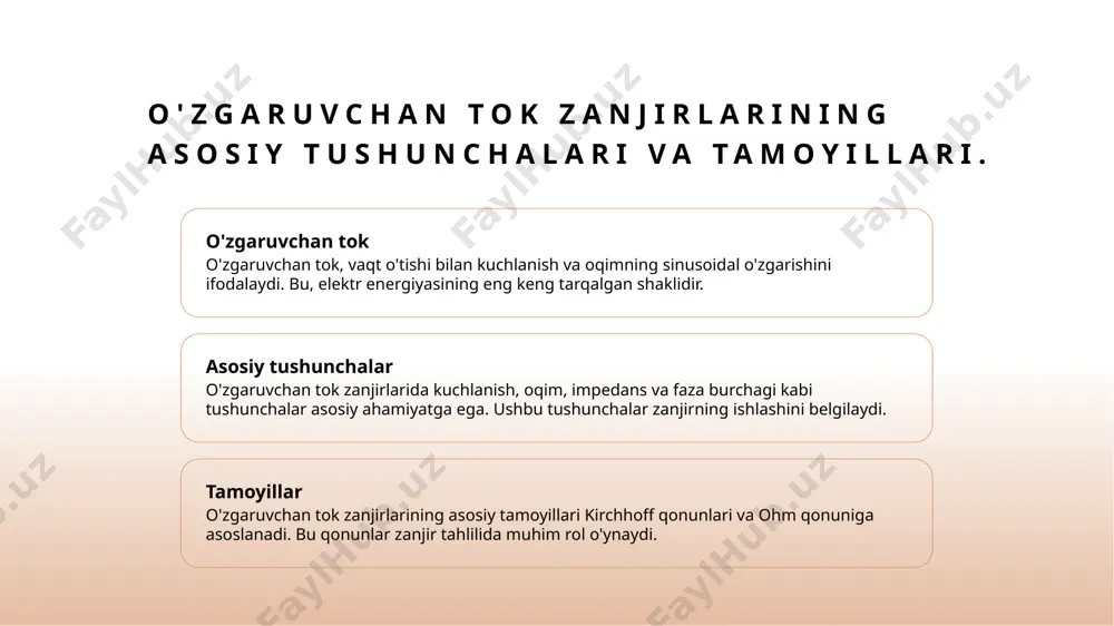 shirish ushbu modellar yordamida zanjirlarning samaradorligini oshirish, energiya yo'qotishlarini kamaytirish va optimal ishlash shartlarini yaratish mumkin. 3 tahlil usullari sinusoidal tahlil usullari, zanjirning kuchlanishini baholashda va energiya oqimlarini o'lchashda muhim rol o'ynaydi, ishonchli natijalar beradi. xulosa 1 o'zgaruvchan tokning ahamiyati o'zgaruvchan tok zanjirlarining asosiy tushunchalari, tamoyillari va matematik modellarini o'rganish energiya taqsimotini yaxshilashda muhim ahamiyatga ega bo'ladi. 2 matematik modellar tahlili matematik modellar, elektr zanjirlarining dinamikasini tushunishga yordam beradi, energiya yo'qotishlarini kamaytirish va samaradorlikni oshirish imkonini beradi, bu muhimdir. 3 sinusoidal funksiya roli sinusoidal funksiyalar yordamida kuchlanish va oqimni tahlil qilish, energetik tizimlarning samaradorligini oshirishda va muhandislik masalalarini hal qilishda muhim ahamiyatga ega. foydalanilgan adabiyotlar 1. abdullayev, o. g'. o'zgaruvchan tok zanjirlarining matematik modeli. o'zbekiston milliy universiteti, 2022 2. toshbekov, s. k. matematika modellari va ularning elektr zanjirlarida qo'llanilishi. o'zbekiston fanlar akademiyasi, 2023 3. xodjayev, a. m., & murodov, i. r. sinusoidal funksiyalar va ularning kuchlanish analizi. o'zbekistan respublikasi ta'lim …