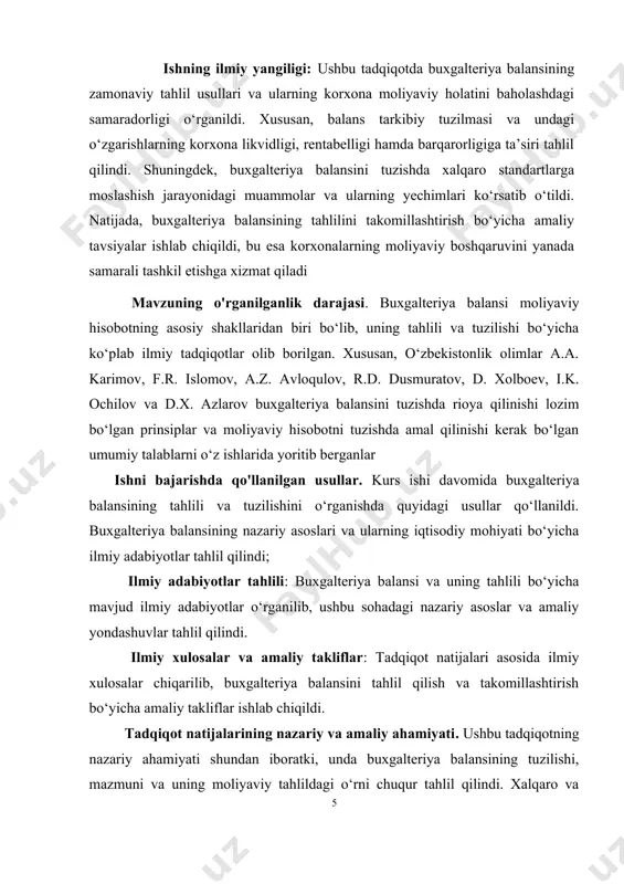 uxgalteriya balansi va uning tahlili bo‘yicha mavjud ilmiy adabiyotlar o‘rganilib, ushbu sohadagi nazariy asoslar va amaliy yondashuvlar tahlil qilindi.​ ilmiy xulosalar va amaliy takliflar: tadqiqot natijalari asosida ilmiy xulosalar chiqarilib, buxgalteriya balansini tahlil qilish va takomillashtirish bo‘yicha amaliy takliflar ishlab chiqildi. tadqiqot natijalarining nazariy va amaliy ahamiyati. ushbu tadqiqotning nazariy ahamiyati shundan iboratki, unda buxgalteriya balansining tuzilishi, mazmuni va uning moliyaviy tahlildagi o‘rni chuqur tahlil qilindi. xalqaro va milliy buxgalteriya standartlarining solishtirilishi ushbu sohadagi ilmiy yondashuvlarni boyitadi hamda moliyaviy hisobotlarni tayyorlash va tahlil qilishning takomillashtirilgan usullarini ishlab chiqishda yordam beradi.​ amaliy ahamiyati esa tadqiqot natijalarining buxgalteriya hisobi va moliyaviy menejment amaliyotida qo‘llanilishi bilan bog‘liq. ishlab chiqilgan tavsiyalar korxonalar va tashkilotlarda buxgalteriya balansini tahlil qilish jarayonini takomillashtirishga, moliyaviy hisobotlarning aniqligini oshirishga hamda biznes qarorlarini qabul qilishda ishonchli ma’lumotlar bazasini yaratishga xizmat qiladi.​ shu bilan birga, tadqiqot natijalari buxgalteriya balansining shakllanishi va tahlilini takomillashtirishga qaratilgan yangi yondashuvlarni ishlab chiqishga imkon berdi, bu …