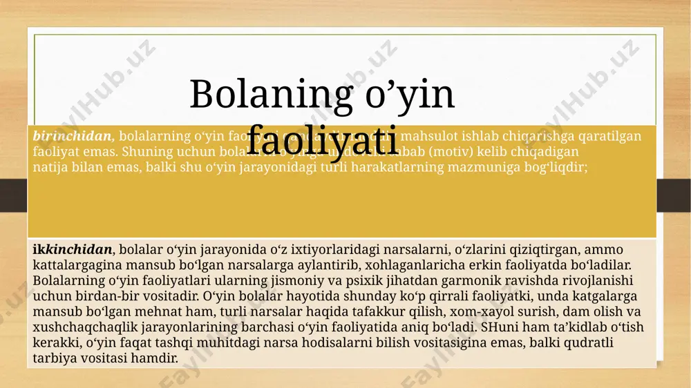 analiz va sintez qilishdan boshlanadi. shuning uchun biz ana shu taqqoslash, analiz va sintez qilishni tafakkur jarayoni deb ataymiz. sayohatlar bolalardagi tafakkur jarayonini faollashtirish va rivojlantirishga yordam beradi. bolalar tabiatga qilingan sayohatlarda turli narsalarni bir-biri bilan taqqoslaydilar, analiz hamda sintez qilib ko‘rishga intiladilar. agar 2 yashar bolaning so‘z boyligi taxminan 250 tadan 400 tagacha bo‘lsa, 3 yashar bolaning so‘z boyligi 1000 tadan 1200 tagacha, 7 yashar bolaning so‘z zahirasi 4000 taga etadi. demak, bog‘cha yoshi davrida bolaning nutqi ham miqdor, ham sifat jihatidan ancha takomillashadi. bog‘cha yoshidagi bolalar nutqining o‘sishi oilaning madaniy saviyasiga ham ko‘p jihatdan bog‘liq. etiboringiz uchun rahmat!!! image5.png image6.png image3.png image4.png /docprops/thumbnail.jpeg