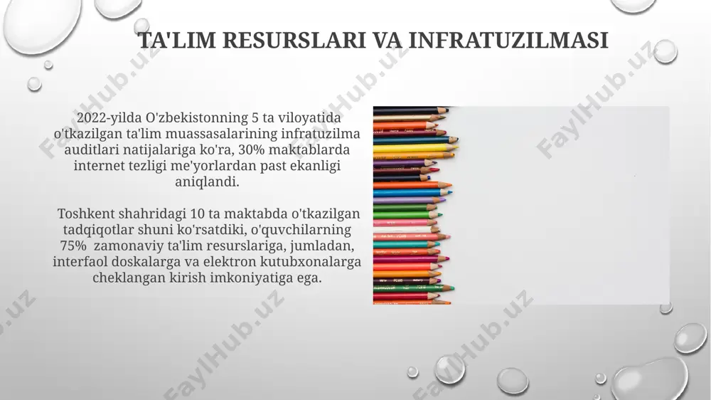 talab qiladi. oʻz-oʻzini baholash va tashqi audit natijalarining taqqoslanishi namangan viloyatining 3 ta litseyida oʻquv jarayonining sifatini baholashda obʼyektivlikni taʼminlash uchun 15 ta mezon qoʻllanilganligini koʻrsatdi. monitoring natijalarini talqin qilish samarqand viloyatining 3 ta qishloq maktabida o‘qish saviyasini aniqlash uchun o‘tkazilgan monitoring natijalariga ko‘ra, 15% o‘quvchi o‘qishda qiyinchiliklarga duch kelmoqda, bu esa qo‘shimcha yordam dasturlarini ishlab chiqish zarurligini ko‘rsatadi. farg‘ona vodiysidagi 10 ta maktabda baholash mezonlariga muvofiq o‘tkazilgan monitoring natijalari, o‘quv jarayonining samaradorligini 70% ga oshirish uchun pedagogik texnologiyalarni takomillashtirish kerakligini aniqladi. o'qituvchilarning malakasi va professional rivojlanishi o'zbekiston respublikasi ta'lim vazirligi ma'lumotlariga ko'ra, 2024-yilga qadar kamida 10 000 o'qituvchining ingliz tili bo'yicha malakasini oshirish rejalashtirilgan. andijon viloyatida 2023-yil davomida 500 dan ortiq o'qituvchi "zamonaviy pedagogik texnologiyalar" mavzusida sertifikatlangan malaka oshirish kurslarini tamomladi. jamoatchilik fikri va manfaatdor tomonlar андижон вилоятидаги 3 та туманнинг таълим муассасаларида ўтказилган мониторинг натижаларига кўра, ўқитувчиларнинг 65%и янги давлат таълим стандартлари тўғрисида етарли маълумотга эга эмаслиги аниқланди. …