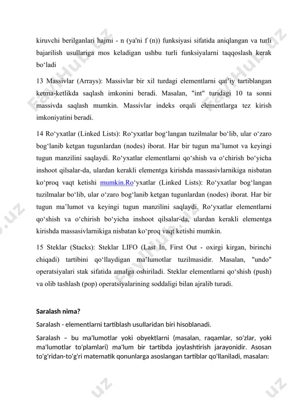 ing soddaligi bilan ajralib turadi. saralash nima? saralash - elementlarni tartiblash usullaridan biri hisoblanadi. saralash – bu ma'lumotlar yoki obyektlarni (masalan, raqamlar, so'zlar, yoki ma'lumotlar to'plamlari) ma'lum bir tartibda joylashtirish jarayonidir. asosan to'g'ridan-to'g'ri matematik qonunlarga asoslangan tartiblar qo'llaniladi, masalan: - o'sish tartibi: kichikdan kattagacha (1, 2, 3, ...). - kamayish tartibi: kattadan kichikgacha (..., 3, 2, 1). saralashning turli xil algoritmlari mavjud, masalan, "bubble sort", "quick sort", "merge sort", va "shell sort". har bir algoritmning o'ziga xos afzalliklari va kamchiliklari bor. qidirish turlari qancha? qidirish turlari quyidagicha: • tartiblanmagan chiziqli qidirish; • saralangan/tartiblangan chiziqli qidirish; • ikkilik qidirish; • interpolyatsiyali qidirish; • ikkilik (binar) qidirish daraxtlari (binar qidirish daraxtlari bilan ishlaydi); • belgilar jadvallari va xeshlash; • satrlarni qidirish algoritmlari: satr osti, ternar qidirish va qo‘shimchalar daraxtlari. tartiblanmagan chiziqli qidirish nima? tartiblanmagan chiziqli qidirish – bu ma'lumotlar strukturasida elementni izlash usuli bo'lib, bu usul orqali ma'lumotlar tartiblangan yoki tartiblanmagan holda …