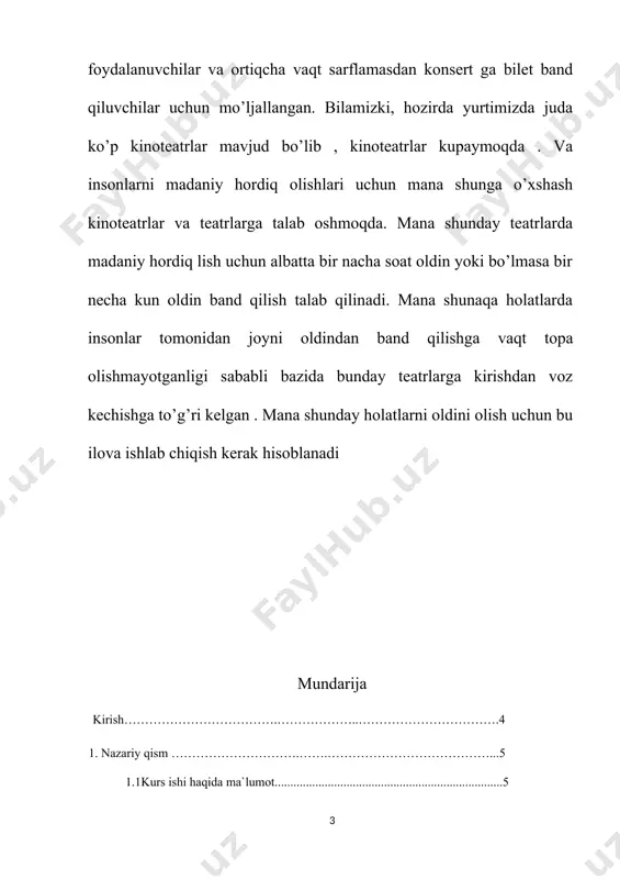 oyni oldindan band qilishga vaqt topa olishmayotganligi sababli bazida bunday teatrlarga kirishdan voz kechishga to’g’ri kelgan . mana shunday holatlarni oldini olish uchun bu ilova ishlab chiqish kerak hisoblanadi. kirish bu ilovamiz “popcorn - online joy band qil” deb nomlanadi. ilova foydalanuvchilari yuridik va jismoniy shaxslar hisoblanadi. bu ilovaning vazifasi : foydalanuvchilar uylaridan chiqmasdan turib o’zlari xohlagan turdagi kino yoki teatrlarga joy band qilishi mumkin. ilovaning maqsadi : foydalanuvchilar o’zlari xohlagan turdagi kino yoki teatrddan joy band qilib bundan vaqtdan yutish va tejash. tejalgan vaqtdan esa unumli foydalanishni targ’ib qilish. yuksak cho’qqiga chiqib borayotgan teatrlarimizni foydalanuvchilarni oshirish. va hammaga xush kayfiyat ulash va xxi asr texnologiyalari qulayliklarini ta’minlash. gloassary seans, payment, user, visa card , uzcard, bank , ticket, date. foydalanuvchi talablari foydalanuvchilar qulay tarzda ro’yhatdan o’tishlari shart , ro’yhatdan o’tkandan so’ng qayta qayta ilovaga kirganda qayta tizimga kirish talab qilmasligi kerak.va birdaniga foydalanuvchi accountiga kirishi lozim. boshqa mobil qurilmalar …