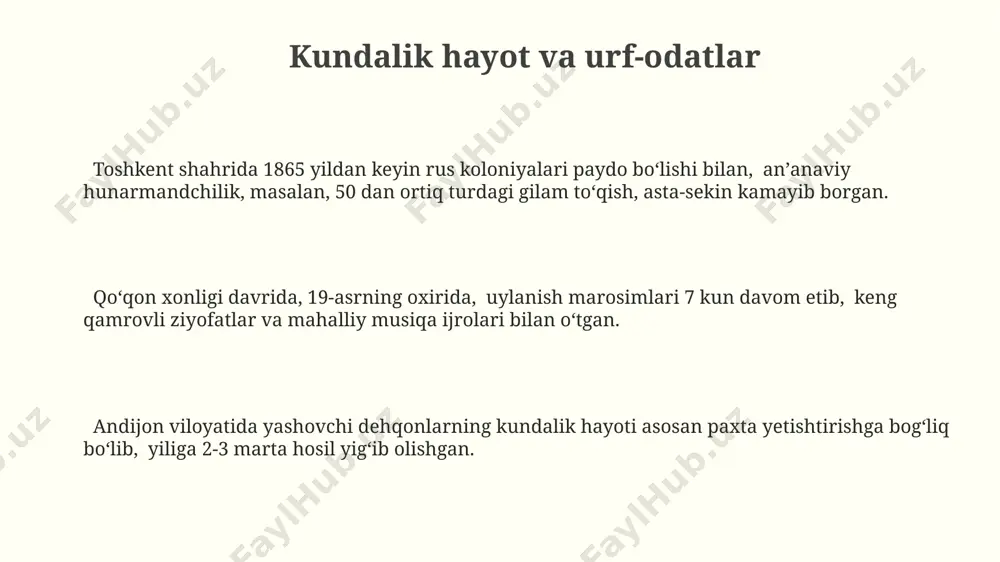 odisalarga aralashuv va din sohasidagi islohotlar boshlandi. qo‘qon xonligida 19-asrda 100 dan ortiq masjid va 30 dan ziyod madrasa faoliyat yuritgan bo‘lib, ular diniy ta’lim va madaniy hayotning muhim markazlari hisoblangan. meʼmorchilik va shaharsozlik toshkentda 19-asr oxiri va 20-asr boshlarida rus meʼmorchiligi uslubida qurilgan binolarning soni sezilarli darajada oshdi, bu esa anʼanaviy oʻzbek meʼmorchiligi bilan parallel ravishda mavjud boʻlgan ikki xil uslubning uygʻunlashuvini koʻrsatadi. samarqand va buxoroda mavjud boʻlgan madrasalar, masjidlar va maqbaralarga qoʻshimcha ravishda, 200 dan ortiq yangi davlat binolari, shu jumladan, kasalxonalar va maktablar qurildi, bu esa shaharsozlikka sezilarli taʼsir koʻrsatdi. qoʻqon shahrida 1876 yildan keyin amalga oshirilgan shaharsozlik ishlari, rus qoʻshinlarining kelishidan keyin shaharning rejalashtirilishi va infratuzilmasining oʻzgarishi bilan bogʻliq boʻlib, koʻplab yangi koʻchalar va maydonlarni yaratdi. e'tiboringiz uchun rahmat @taqdimot_robot