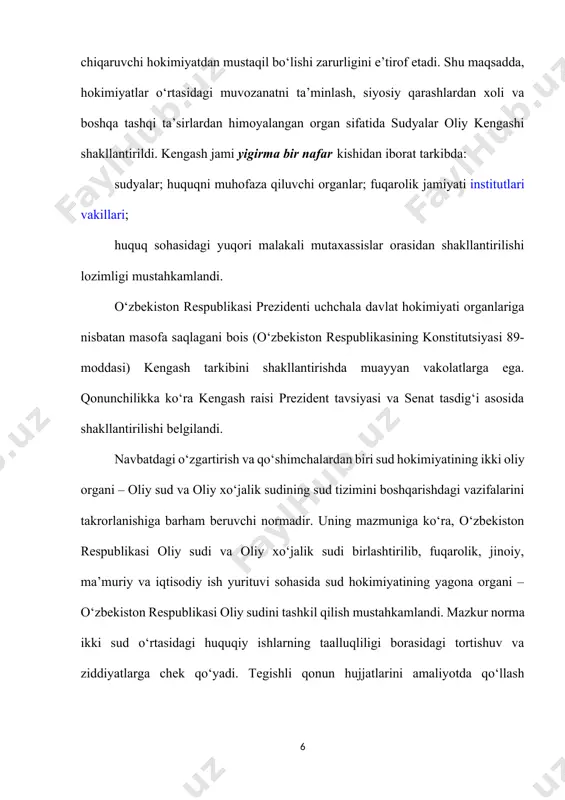 bo‘yicha vakolatlarining sudlarga o‘tkazilishi nazarda tutilganligidadir. “harakatlar strategiyasi”dan kelib chiqib, shaxslarning huquq va erkinliklarini himoya qilishga qaratilgan o‘zgartirish va qo‘shimchalardan biri, bu jinoyat sodir etishda gumon qilingan shaxslarni ushlab turish muddati 72 soatdan 48 soatga qisqartilishidir. shu bilan bir qatorda, qamoqqa olish va uy qamog‘i tarzidagi extiyot choralarini qo‘llashning, shuningdek, dastlabki tergovning eng ko‘p muddati 1 yildan 7 oyga qisqartilishi, qamoqqa olish va uy qamog‘i choralari qo‘llanilayotgan shaxsning huquq va erkinliklarini ta’minlashga qaratilgan. inson huquq va erkinliklarini ustivor ekanligini tasdiqlovchi yana bir norma qo‘shimcha tergovning bekor qilinishi bo‘lib hisoblanadi. bu qoida konstitutsiyaviy norma – aybsizlik prezumpsiyasining mantiqiy rivojlanishi bo‘lib, tortishuv va taraflar tengligi, haqiqatni anglash prinsiplari real ta’minlanishiga kafolat beradi. fuqarolarning huquq va erkinliklari institutining ishonchli kafolat etuvchi munosabatlardan yana biri, bu – mediatsiya – yarashtirish institutini takomillashtirishdir. jismoniy va yuridik shaxslarga o‘zaro nizolarni suddan tashqarida, muqobil hal etish imkonining berilishi, avvalambor, fuqarolarga nizolarni qisqa muddatlarda yechilishini, shuningdek, ortiqcha mablag‘larning …