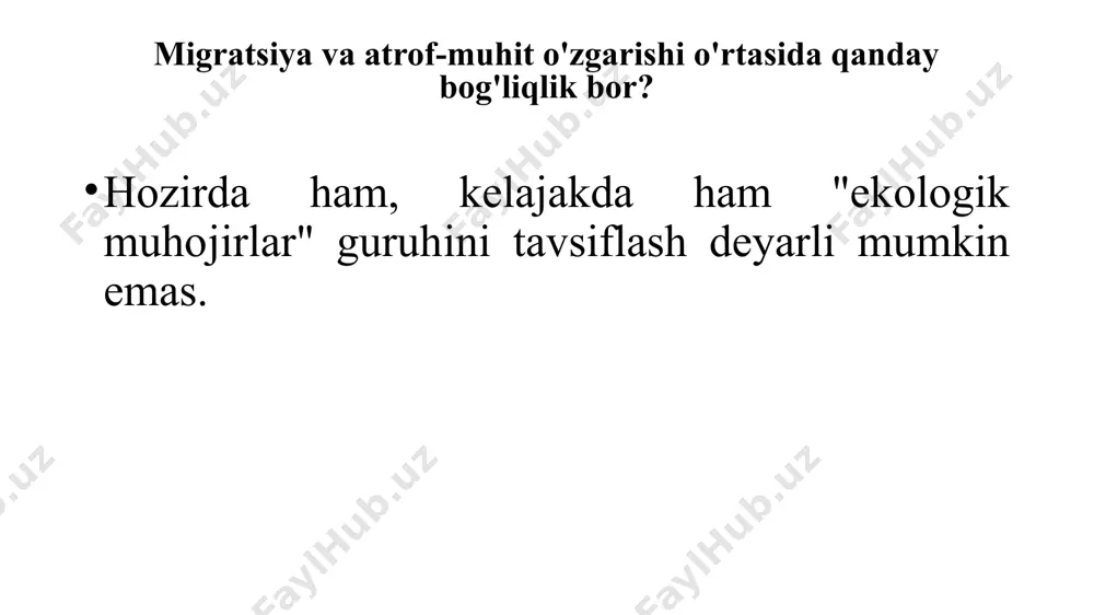 a boshqalar); tabiiy resurslar uchun kurash bilan bog'liq nizolar. hisoblash qiyinligi jahon bankining hisob-kitoblariga ko'ra, agar isish to'g'ri saqlanmasa, 2050 yilga kelib yangi iqlim sharoiti sayyoramizning uchta mintaqasida: afrika, janubiy osiyo va lotin amerikasida 143 million kishining majburiy ichki migratsiyasiga olib keladi. iom, o'z navbatida, asrning o'rtalariga kelib, iqlim migrantlarining umumiy soni 200 millionga ko'payishini taxmin qilmoqda. boshqa mustaqil hisob-kitoblar mavjud, ammo ta'riflarda aytib o'tilgan chalkashliklar tufayli ekologik yoki iqlim migrantlarining hozirgi sonini aniq hisoblash va kelajakdagi sonini taxmin qilish qiyin — bunday ma'lumotlarni to'plash uchun imkoniyat yo'q. eng ishonchli faktlar xalqaro ichki migratsiyani o'rganish markazi (idmc) tomonidan taqdim etiladi. mutaxassislar ichki harakatni baholaydilar (ichki displacement) — ya'ni harbiy mojarolar va tabiiy ofatlar tufayli uylarini tark etishga majbur bo'lganlar, ammo o'z mamlakatlarida qoladilar. ichki migratsiya davri har xil, ba'zi majburiy muhojirlar umr bo'yi ushbu maqomga ega bo'lish xavfi ostida. idmc — ning so'nggi hisobotida 2020 yilda aholining ichki harakati haqida …