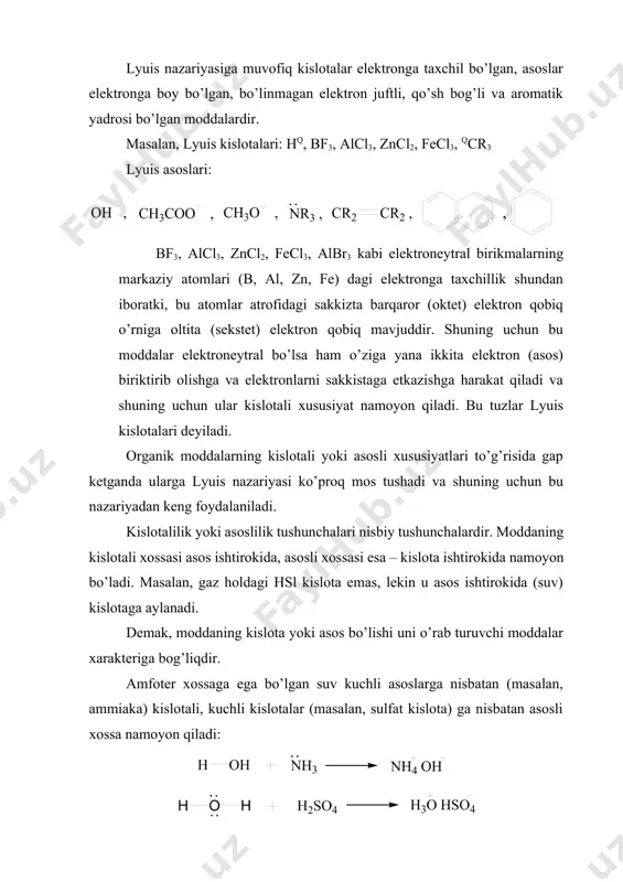 ’lishi uni o’rab turuvchi moddalar xarakteriga bog’liqdir. amfoter xossaga ega bo’lgan suv kuchli asoslarga nisbatan (masalan, ammiaka) kislotali, kuchli kislotalar (masalan, sulfat kislota) ga nisbatan asosli xossa namoyon qiladi: umuman h-r ko’rinishidagi har qanday organik modda, shu jumladan, uglevodorodlar ham kislotali xossaga ega bo’lishi mumkin, bunda faqat protonni r-qoldiqqa nisbatan kusliroq bog’lovchi asos bo’lsa bas. suvga o’xshagan amfoter xossaga ega bo’lgan moddalar o’z protonini o’zi biriktirib oluvchi aktseptoga ham ega: bu jarayon avtoprotoliz deyiladi. birikmaning kislotali yoki asosliligi erituvchining asosligiga (mos ravishda kislotaliligiga) bog’liqdir. shuning uchun moddalarning tegishli konstantalari solishtirilganda hamma vaqt erituvchi ko’rsatiladi. asosliligi katta bo’lgan erituvchida kuchli kislotalar ham, kuchsiz kislotalar ham chuqur va farqi kam dissotsiyalanishga uchraydi. bunday erituvchilarni kislota kuchini tenglashtiruvchi erituvchilar deyiladi. shu sababdan, kuchsiz kislotalar o’rganilganda suvga nisbatan asosliroq erituvchi, maslan, suyuq ammiak yoki aminlar qo’llaniladi. kuchsiz asoslar tadqiq qilinganda esa suvga nisbatan kislotaliroq erituvchi, masalan, suvsiz sirka kislota, konts. sulfat kislotalardan foydalaniladi. kuchli …