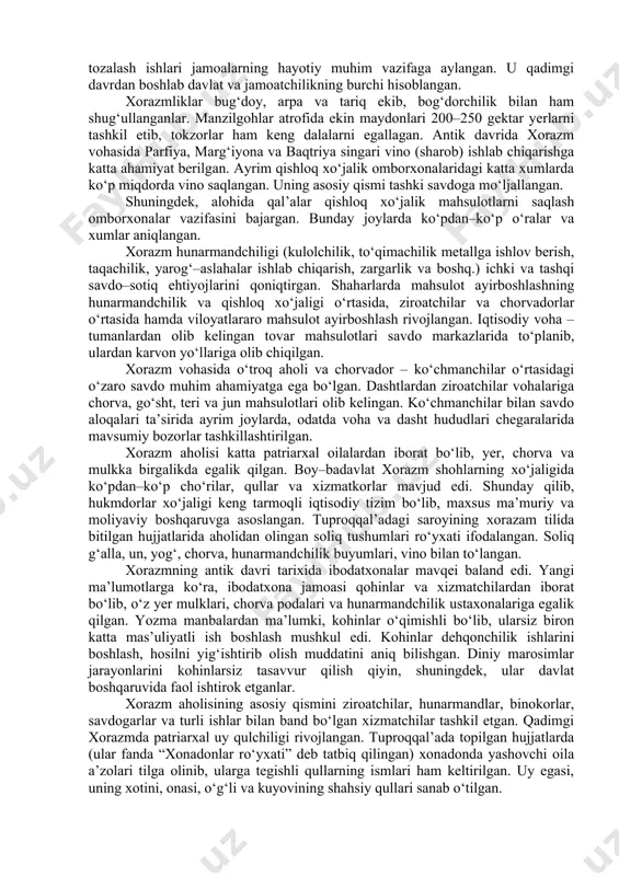 arda shinaklar hamda burjlar mavjud. tuproqqal’aning markaziy ko‘chasi shaharni ikkiga bo‘lib, uning shimoliy qismidan janubga – shahar darvozasiga yo‘nalgan. kichik ko‘chalar guzarlarning turar joylarini bir–biridan ajratgan. tuproqal’a shahrining asosiy inshooti ulkan ichki qal’asi bo‘lib, u xorazm hukmdorlarining qarorgohi edi. saroyda turli maqsadlarda foydalanilgan yuzdan ziyod xonalar va haykallar bilan bezatilgan “shohlar koshonasi” ham ochilgan. saroyning bir qismi ikki qavat edi. qadimshunoslar yozishicha, shaharda taxminan 2,5 ming katta yoshli kishilar yashagan. ularning asosiy qismi xorazm hukmdorlari qarorgohini muhofaza qilish va shohlarga xizmat ko‘rsatish bilan band bo‘lgan. ko‘p jihatlarga ko‘ra, tuproqqal’a qadimgi sharq tarixida ma’lum “man qilingan” shaharga o‘xshab ketadi, chunki “shohlar shahriga” yaqinlashib kirishga ko‘pchilikning imkoniyati bo‘lmagan. beruniy ma’lumot berishicha, shoh afrig kat shahri yonidagi al–fir joyida yangi qarorgoh barpo etadi. milodiy iv asr boshlarida tuproqqal’a saroyi huvillab qoladi. o‘rta asrlar geograflari yozishicha, xorazmning qadim poytaxti darjash deb atalgan, u kat shahridan avval bunyod etilgan. hozirgi kunda darjash shahri o‘ng sohil …