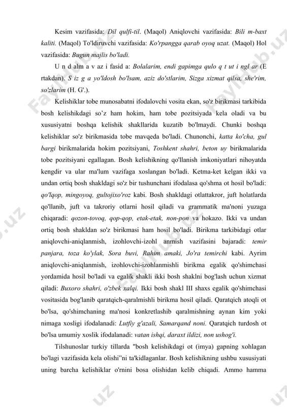 oki nimaga xosligi ifodalanadi: lutfiy g'azali, samarqand noni. qaratqich turdosh ot bo'lsa umumiy xoslik ifodalanadi: vatan ishqi, daraxt ildizi, non ushog'i. tilshunoslar turkiy tillarda "bosh kelishikdagi ot (imya) gapning xohlagan bo'lagi vazifasida kela olishi”ni ta'kidlaganlar. bosh kelishikning ushbu xususiyati uning barcha kelishiklar o'rnini bosa olishidan kelib chiqadi. ammo hamma o'rinlarda ham bk boshqa kelishiklarning o'rnini bosish imkoniyatiga ega emas. bkda aynan tk va qk bilan o'rin almashish imkoni kuchli. chk, jk va o'klarda esa bu imkoniyat nihoyatda chegaralangan. masalan, ikki kundan keyi n - i k ki ku n ke yi n, qis hl oqqa ketdi - qis hl oq ket di, oqshomda ketdi - oqs hom ketdi. qaratqich kelishigi uch xil variantda qo'llaniladi: kitobning varag`i, mening uyim, qoshin qarosi. tilshunoslikda qk ko'rsatkichini olgan so'zni qaratuvchi ,u bilan bog'langan so'zni qaralmish deb atashadi .qaratqich - qaralmish munosabati ancha barqaror bo'lib ,qk ning so'z birikmasidagi sintaktik imkoniyati kuchlidir. qaratqich kelishigi shuning …