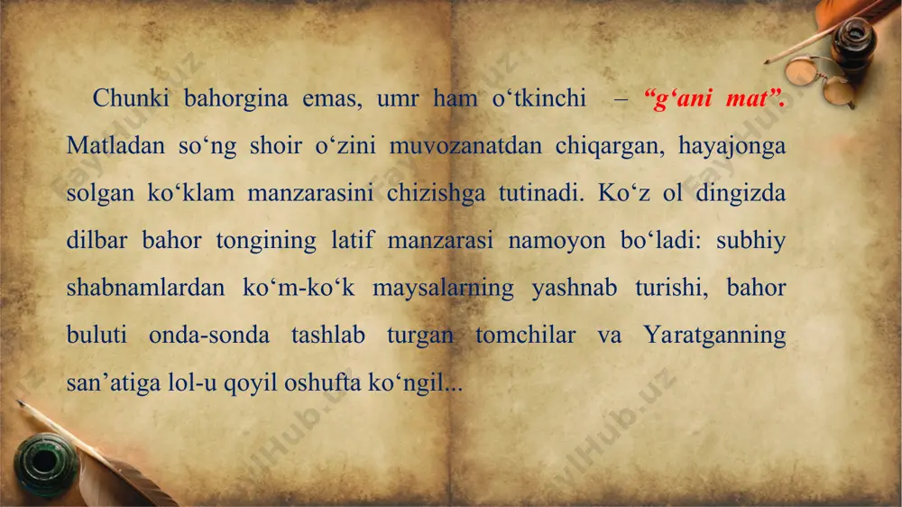 laysiz? 3. ma’shuqa tasvirlangan baytlarni sharhlab, uning portretini tasvirlab bering. 4. oshiq va ma’shuqa dialogini tahlil qiling, sakkizinchi baytdagi mutoyibani tushuntirishga harakat qiling. 5. maqtadagi “furqat” so‘ziga diqqat qiling. u qanday ma’nolarda kelyapti?