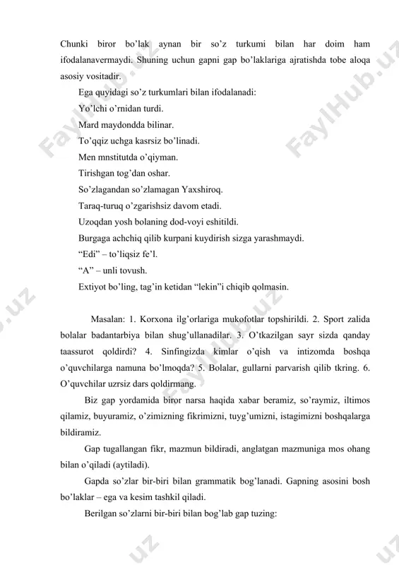 arni o’rganib chiqdi. lekin bu uning bir qismi, xolos. eng asosiy qismiga endi kirib boramiz. hozirgacha bizga ma’lum sintaktik aloqa turi, vositasi va usullari, so’z birikmasi va gap haqidagi nazariy bilimlar go’yo binoning qad rostlashini eslatadi. binoning qad ko’tarishida material bo’lgan ashyolar tilda sintaktik birliklar-so’z, suz irikmalari, gaplar shaklida namoyon bo’ladi. so’zlardan so’z birikmalari, so’z birikmalaridan gaplar va gaplardan matnlar keltirib chiqariladi. biroq gapning sintaktik tahlili deganda ko’pchilikka faqat gap bo’laklariga ajratishgina anglashiladi. biroq sodda gapning tarkibiy tahlili bo’laklarga ajratish emas, ularni dastavval so’z birikmalariga ajratish, shu birikmalarning bog’lanish turi, yo’l va usullarini o’rganish, undan keyin gapning o’zi klassifikatsiya nuqtai nazaridan qanday tahlil etilsa shunga e’tibor qilinadi. bunda ayniqsa gapning ifoda maqsadiga ko’ra turi, voqelikka munosabatiga ko’ra turi, emotsionalligiga ko’ra turi, struktura asosining miqdoriga, struktura asosining tarkibiga, ikkinchi darajali bo’laklarning ishtirokiga, zaruriy bo’laklarning ishtirokiga va bo’laklarga ajralish va ajralmasligiga ko’ra- turi kabi tahlil tartibi o’qiladi. so’ngra gapni bo’laklaria ajratilishi maqsadga …