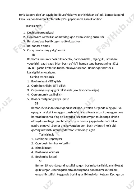 iga] 4. qon umumiy taxlil qilish 5. boshni rentgenografiya qilish 5b bemor 65 yoshda semiz qand kasali bor . ertalab turganda o’ng qo’l va oyoqda harakat kamaygan ,hushi o’zida yuzi tomir urushi pasaygan tana harorati miyorda o’ng qo’l oyoqda sezgi pasaygan muloqotga kirisha olmaydi savolarga javob berishi qiyin bemor gapga tushunadi lekin gapira olmaydi .bemor ancha vaqtdan beri bosh aylanishi ko’z oldi qorong’ulashishi umumiy darmonsiz bo’lib yurgan . tashxisingiz 1. deabit neuropatiyasi 2. qon bosimimning ko’tarilish 3. ishmik insult 4. bosh miya o’smasi 5. bosh miya kistasi 6b bemor 55 yoshda qand kasaligi va qon bosim ko’tarilishidan shikoyat qilib yurgan .shuningdek ertalab turganda qon bosimi ko’tariladi, engashib tuflisin keyganda boshi aylanib hushidan ketgan. kechqurun hamirli ovqat yegan ertala qatiq asabiylashgan .kurganda burun lab atrofi ko’kargan o’ng qo’l va oyog’i foalashgan. gapirmaydi ko’z qorachig’larning yorug’lika reaksiyasi pasaygan . tashxisingiz 1. eshmit insult 2. deabit neropatiyasi 3. bosh miya o’smasi 4. gemoragen …