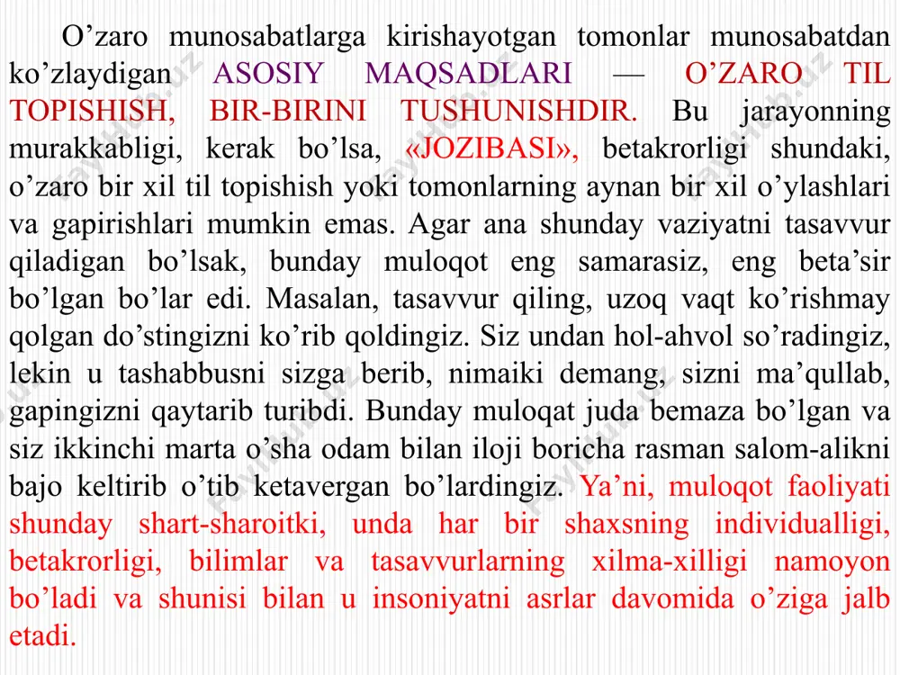 cha, bir necha kun o’tgach, u turgan yerda bir o’rgimchakni ushlab oladi va u bilan dialog boshlanadi. «biz, deb yozadi u, shu hayotsiz g’or ichidagi tanho tirik mavjudotlar edik. men o’rgimchak bilan gaplasha boshladim, uning taqdiri uchun qayg’ura boshladim». shaxsning muloqotga bo’lgan ehtiyojining to’la qondirilishi uning ish faoliyatiga ham ta’sir ko’rsatadi. odamlar, ularning borligi, shu muhitda o’zaro gaplashish imkoniyatining mavjudligi fakti ko’pincha odamni ishlash qobiliyatini ham oshirarkan, ayniqsa, gaplashib o’tirib qilinadigan ishlar, birgalikda yonma-yon turib bajariladigan operasiyalarda odamlar o’z oldida turgan hamkasbiga qarab ko’proq, tezroq ishlashga kuch va qo’shimcha iroda topadi. to’g’ri, bu hamkorlikda o’sha yonidagi odam unga yoqsa, ular o’rtasida o’zaro simpatiya hissi bo’lsa, unda odam ishga «bayramga kelganday» keladigan bo’lib qoladi. shuning uchun ham amerikalik sosiolog hamda psixolog jon moreno asrimiz boshidayoq ana shu omilning unumdorlikka bevosita ta’sirini o’rganib, sosiometrik texnologiyani, ya’ni so’rovnoma asosida bir-birini yoqtirgan va bir-birini inkor qiluvchilarni aniqlagan va sosiometriya metodikasiga asos solgan edi. shunday …