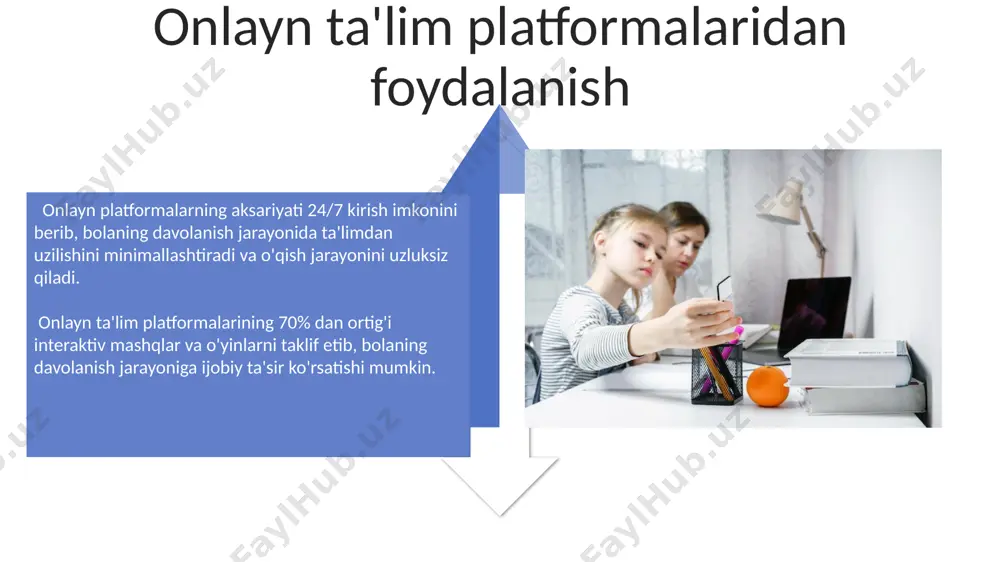 'rtasidagi hamkorlik tibbiy xodimlarning bolaning o'quv ehtiyojlari va imkoniyatlari to'g'risida o'qituvchilarga muntazam ravishda ma'lumot berishi, iep (individual education program) tuzishda yordam beradi. bolani qo'llab-quvvatlash uchun 3 dan ortiq mutaxassis (o'qituvchi, shifokor, psixolog) jalb qilinganda, samarali hamkorlik uchun aniq vazifalar taqsimoti va muntazam aloqa kanallari tashkil etilishi muhim. psixologik qo'llab-quvvatlash psixologik qo'llab-quvvatlashning samaradorligini baholash uchun kamida 3 oyda bir marta psixologik testlar va söhbetlar o'tkazish tavsiya etiladi. uzoq muddatli davolanish jarayonida bolaning o'qishga bo'lgan qiziqishini saqlab qolish uchun kamida haftasiga 2 marta maxsus psixologik o'yinlar va ta'lim faoliyatlari rejalashtirilishi kerak. ta'lim materiallarini moslashtirish o'quv dasturiga 30% ga qadar moslashtirish kiritish mumkin, shu jumladan, topshiriqlar hajmini kamaytirish, murakkablik darajasini soddalashtirish va o'quv vaqtini qisqartirish. interaktiv o'yinlar, audiovizual vositalar va amaliy mashg'ulotlar kabi turli xil ta'lim usullarini qo'llash, o'quv jarayonini 20% ga samaraliroq qiladi va bolaning ishtiroki darajasini oshiradi. e'tiboringiz uchun rahmat @taqdimot_robot image4.jpg image5.jpg image6.jpg image7.jpg image8.jpg image9.jpg image10.jpg image11.jpg image12.jpg image13.jpg …