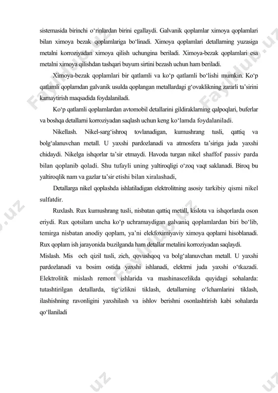 lash va ishlov berishni osonlashtirish kabi sohalarda qо‘llaniladi foydalanilgan adabiyotlar: 1. s.m.qodirov, o.v.lebedev, a.m.xakimov «mashina detallarini tiklash texnologiyasi» toshkent-2001 y. 284 bet. 2. s.m.babusenko « traktor va avtomobillar remonti» toshkent-«о‘qituvchi» 1990 y. 366 bet. 3. j.r.qulmuxamedov, e.karimov, h.h.muxamedov, a.a.oxunov, t.a.toshkentov «avtomobil va dvigatellarni ta’mirlash» toshkent-«fan»-2003 y. 536 bet. 4. y.i.borisevskix, y.v.buralev, k.a.morozov, v.m.nikiforov, a.i.fetsenko «avtomobillarning tuzilishi, texnik xizmat kо‘rsatish va ta’mirlash» toshkent-«mehnat»-2001 y. 574 bet. 5. s.i.rumyansev «remont avtomobiley» moskva «transport» 1981 g. 462 bet. 6. l.v. dexiterinskiy «remont avtomobiley» moskva «transport» 1992 y. 296 bet.