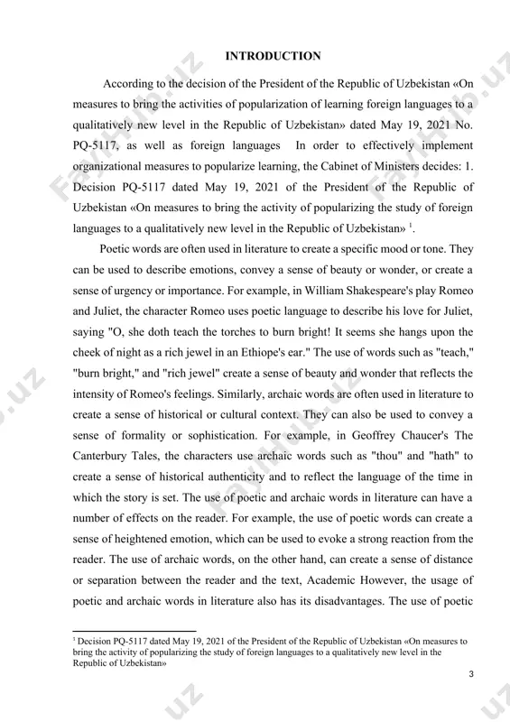 conversion. the aim of this work is to study about poetic words in english language. the structure of the work: plan, introduction, main part, conclusion, list of bibliography. the work includes theoretical and practical chapters. the theoretical chapter deals with the derivation, namely conversion, as one of the productive ways of word formation, history and neologisms. the second chapter is devoted to the types of conversion, in which verbs are formed from nouns and etc., and identifying the most productive models of forming of new words by conversion. chapter i. types of poetic and highly literary words 1.1. poetic and highly literary words in english literature poetic words, as the term itself implies, are used primarily in poetry. they may be likened to terms in more than one way. first of all they belong to a definite style of language and perform in it their direct function. if encountered in …