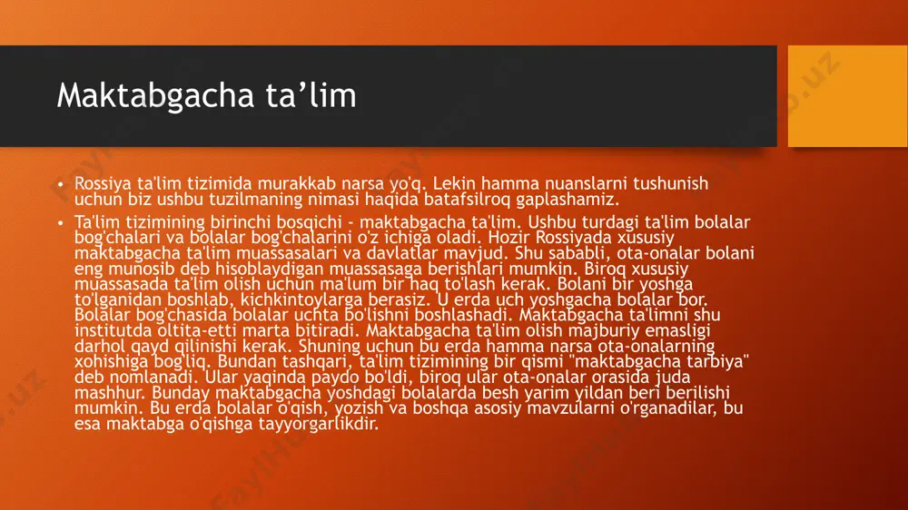n. bundan tashqari, buyuk britaniya maktablarida sinf o'quvchisi jinsi qarab tasniflanadi. o'g'il bolalar va qizlar uchun alohida maktablar, shuningdek aralash maktablar bor. mamlakat turli jins bolalar uchun alohida ta'lim tarafdorlari juda ko'p bor, kim o'g'il va qiz bolalar, ham jismoniy va hissiy boshqacha rivojlantirish, aslida tomonidan o'z o'rnini bahslasha va alohida ta'lim holda ular bir-biriga moslashtirish yo'q. maktabgacha ta'lim angliyada bunda davlat va xususiy o'quv yurtlarini misol tariqasida olinishimiz mumkin. ko'pincha, britaniya uch to'rt yoshgacha bo’lgan bolalar bog'chalari, faoliyat olib boradi. bola yetti yoshga yetib, va o'qish, yozish, arifmetik ta'limni oladi. bolalar rivojlanishi ta’lim o'yin tarzida amalga oshiriladi. mamlakatda ko'plab xususiy maktablar besh yoshgacha bolalar uchun tayyorgarlik sinflarni faoliyat ko'rsatmoqda. boshlang'ich maktab yuqorida aytilganidek, ota-onalar ko'p, ularning bolalari maktabga kabi erta besh yillik (tayyorlov darslari) olish. umuman olganda, boshlang'ich ta'limbuyuk britaniyada etti yoshdan boshlanadi va o'n yillar bolalar qadar davom etdi. shundan so'ng, bolalar, odatda, shu muassasa ichida o'rta maktabga …