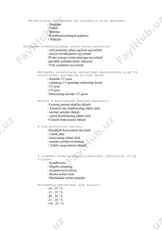 va holatini aniqlash uchun rentgenologik tekshiruvlar o'tkazish stomatologiya muassasasining qaysi tarkibiy bo'linmasi tomonidan amalga oshiriladi? - terapevtik bo'lim - ortodontiya bo'limi - jarrohlik bo'limi + rentgen bo'limi - profilaktika bo'limi #stomatologiya muassasasining qaysi tarkibiy boʻlinmasi tish va tish toʻqimalarini davolashga ixtisoslashgan? + terapevtik bo'lim - ortodontiya bo'limi - jarrohlik bo'limi - rentgen bo'limi - profilaktika bo'limi # tish toshini olib tashlash uchun qanday asbob ishlatiladi? + skaler - pinset - ko'zgu - shilliq pichoq - dazmollash # tish shifokori aspiratordan qaysi muolaja uchun foydalanadi? - obturatsiya - rentgen +og'iz bo'shlig'ini tozalash - protezlash - taassurot olish # tish nervini olib tashlash uchun qanday asbob ishlatiladi? - pinset - spray + endodontik fayl - oqartiruvchi sham - ko'zgu #. tishlarni olib tashlash uchun qanday asbob ishlatiladi? - skaler - spray +extractor - namuna - ko'zgu #tishlar orasidagi kontaktlarni tekshirish uchun qaysi asbob ishlatiladi? - skaler + tekshirish - ekstraktor -kyuretta - …