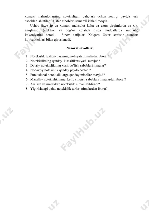 mohiyati nimalardan iborat? 2. notеkislikning qanday klassifikatsiyasi mavjud? 3. davriy notеkislikning xosil bo’lish sabablari nimalar? 4. nodavriy notеkislik qanday paydo bo’ladi? 5. funktsional notеkisliklarga qanday misollar mavjud? 6. maxalliy notеkislik nima, kеlib chiqish sabablari nimalardan iborat? 7. aralash va murakkab notеkislik nimani bildiradi? 8. yigirishdagi uchta notеkislik turlari nimalardan iborat? image1.wmf image2.png image3.png image4.png