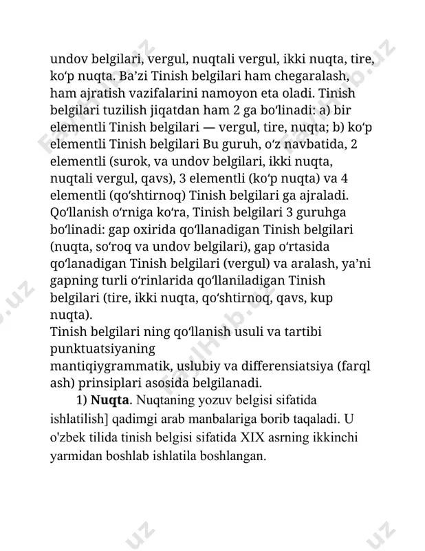 esa yarim soatlardan keyin yo`lga chiqing”. 3) qisqartirilgan ism va familiyaning birinchi harfi yoki qismidan keyin: m.ism. (mirzakalon ismoiliy). 4) sanash yoki ayrim fikrning qismini ifodalagan va oy, kun, yilni bir-biridan ajratish uchun qo`llangan raqam yoki harfdan keyin: 27.09.2002 kabi. qavsga olingan manbadan oldingi gap oxiridagi tinish belgisi o`z o`rnida saqlanadi va qavsdan keyin hech qanday tinish belgisi qo`yilmaydi: ketdi. (a.qah.) shuningdek, sarlavhadan keyin (darak gap bo`lsa) nuqta qo`yilmaydi. lekin sarlavha birdan ortiq mustaqil sodda gapdan tuzilgan bo`lsa, oldingilaridan keyin nuqta qo`yilib, oxirgisidan keyin qo`yilmaydi: gap. sodda gap 2) so`roq belgisi so`roq belgisi quyidagi holda ishlatiladi: 1) so`roq gapdan keyin: ishga tayyormisiz? 2) so`roq gap birdan ortiq bo`lishi mumkin. bunda: a) so`roq gap mustaqil bo`lsa, har biridan so`ng so`roq belgisi qo`yiladi: qishloq qanday? og`aynilar yaxshi yurishibdimi? b) agar so`roq gap mazmunan umumiy bir fikrni ifodalasa, va qo`shma gap tarzida bo`lsa, eng so`nggi so`roq gapdan keyin qo`yiladi: – kim kelyapti: savrimi, …