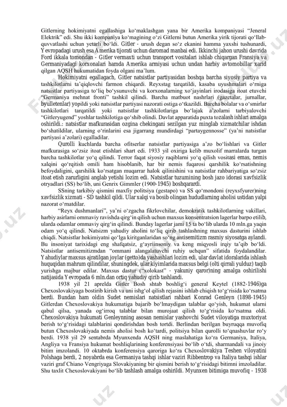 rgan - quyi palata), reyxstrag (o‘lkalar vakillari soveti-yuqori palata) va prezidentdan iborat bo‘lib, prezidentga katta huquqlar berildi va uning vakolati yetti yil qilib belgilandi. ikki palatadan iborat bo‘lgan qonun chiqaruvchi hokimiyat ta’sis etildi. quyi palata - reyxstag yalpi ovoz berish yo‘li bilan saylanar, yuqori palata - reyxstrat o‘lka va viloyatlar vakillaridan iborat bo‘lar edi. reyxstrat veto huquqiga ega bo‘lgan nazorat organi edi. ijroiya hokimiyati rahbari - prezidentga favqulodda keng vakolatlar berilgandi. u mamlakat qurolli kuchlari reyxsverning bosh qo‘mondoni hisoblanar, chet ellarda davlat nomidan faoliyat olib borar, vazirlar va kanslerni tayinlar va ishdan bo‘shatar edi. u reyxstagni tarqatib yuborish va yangi saylovlar belgilash huquqiga ham ega edi. germaniya lokarno bitimlariga binoan, 1926 yil 10 sentabrda millatlar ittifoqiga kirdi. ayni paytda germaniya versal tartibini yo‘qotish va ittifoqchilar nazorati ostidan xolos bo‘lishga intilmoqda edi. germaniya amerika-angliya moliya kapitalining yordami va aqsh monopolist doiralarining vakili yungning aktiv ishtiroki bilan 1929 yil fevral-avgustida reparatsiya plani …