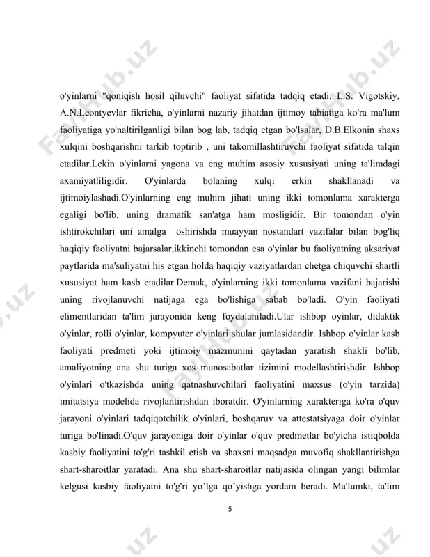 riga xos munosabatlar tizimini modellashtirishdir. ishbop o'yinlari o'tkazishda uning qatnashuvchilari faoliyatini maxsus (o'yin tarzida) imitatsiya modelida rivojlantirishdan iboratdir. o'yinlarning xarakteriga ko'ra o'quv jarayoni o'yinlari tadqiqotchilik o'yinlari, boshqaruv va attestatsiyaga doir o'yinlar turiga bo'linadi.o'quv jarayoniga doir o'yinlar o'quv predmetlar bo'yicha istiqbolda kasbiy faoliyatini to'g'ri tashkil etish va shaxsni maqsadga muvofiq shakllantirishga shart-sharoitlar yaratadi. ana shu shart-sharoitlar natijasida olingan yangi bilimlar kelgusi kasbiy faoliyatni to'g'ri yo’lga qo’yishga yordam beradi. ma'lumki, ta'lim hamkorlikka asoslanib, jamoaviy xarakter kasb etadi;kasbga xos faoliyat qoidalari va jamoaning ijtimoiy qoidalariga mos xolda amalga oshadi. ana shu ma'noda ta'limning didaktik va tarbiyaviy ahamiyati o'zaro birlashib, o'yin faoliyati shaklida o'quvchilarning faolligi ortadi. ishbop o'yinlarda tavsiya etilgan muammoli topshiriq maqsadga muvofiq dialogik muloqot asosida ishtirokchilarni rag'batlantiradi, qiziqishlarini orttiradi, emotsional ruh paydo qiladi.didaktik o'yinlar ta'limiy maqsadlarni amalga oshiradigan va ularga moslashtirilgan bo'ladi. didaktik o'yinlar tizimidan birinchi marta maktabgacha jarayonida foydalanishga doir f.fribil va m.montisorilar ishlab chiqqan bo'lsa,boshlang'ich ta'lim uchun o. dikroli tadqiqotlar …